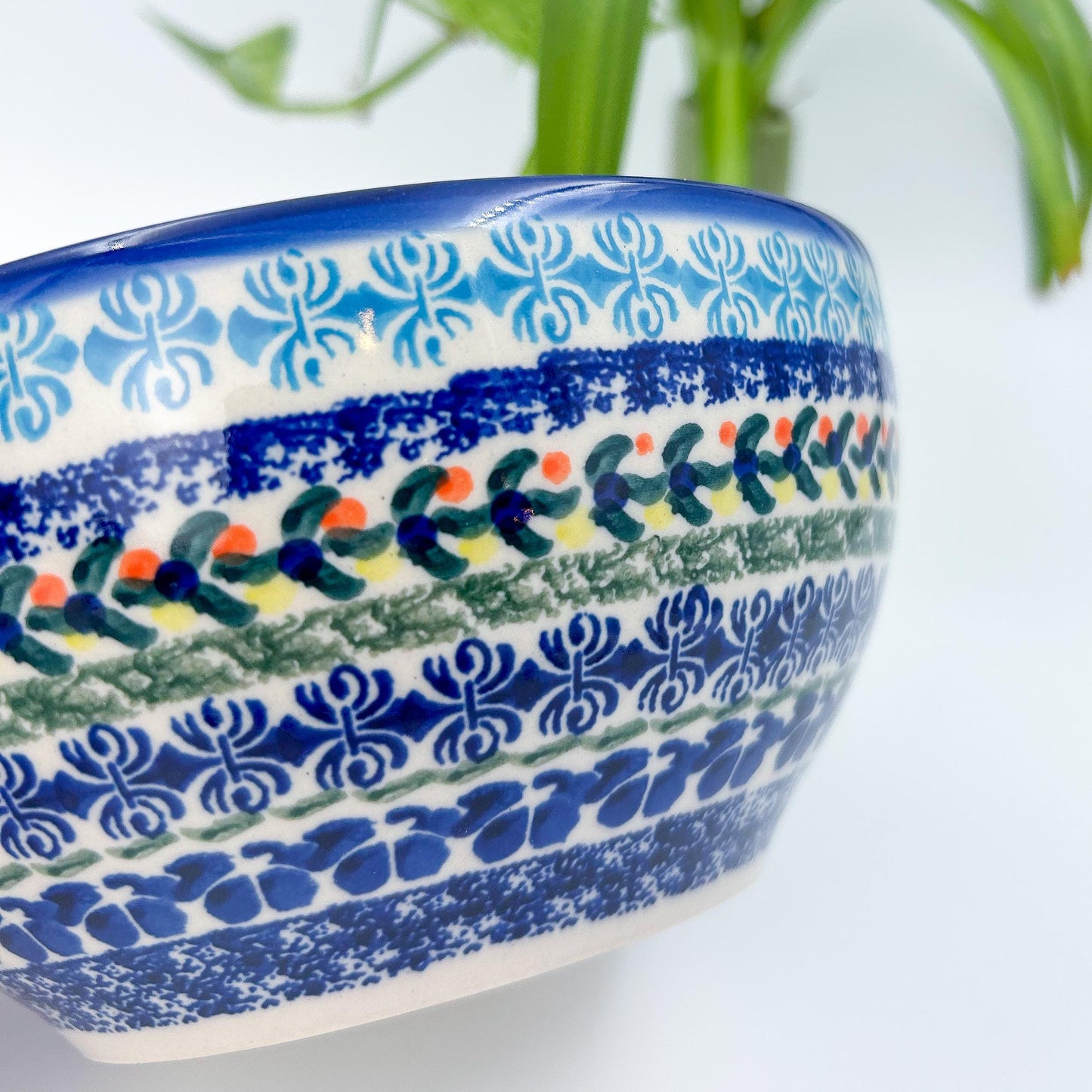 6.” Farm Bowl.  Hand crafted Polish pottery stoneware: UNIKAT Blue Flor-de-lis Design