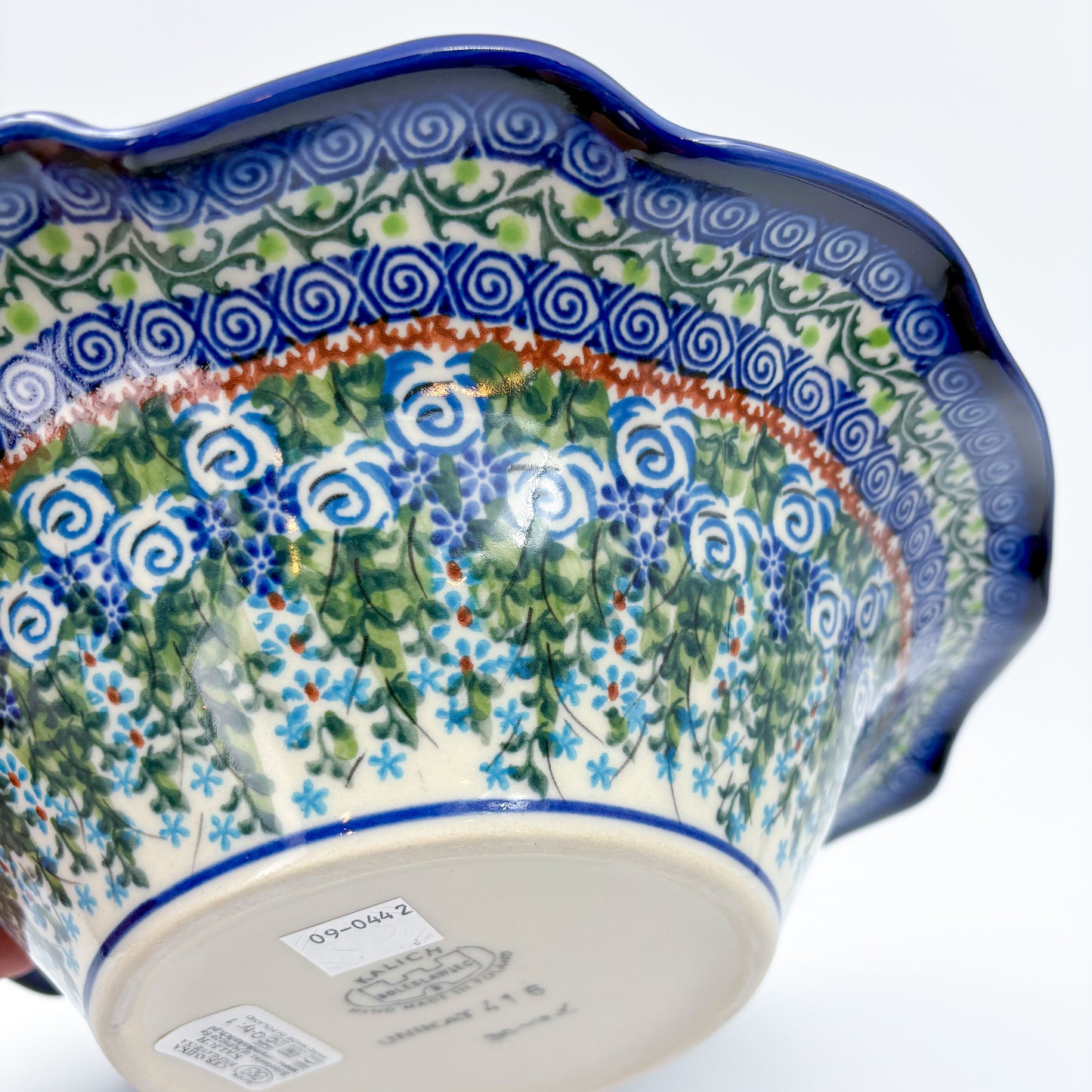 10.4" Wave Bowl. Hand crafted Polish pottery stoneware:  UNIKAT Whispering Ferns Pattern