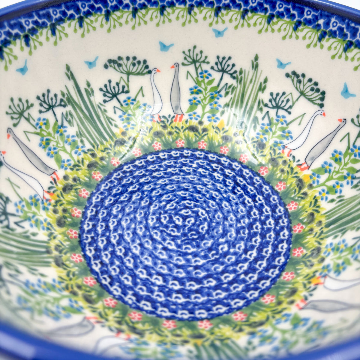 8”  Bowl.  Hand crafted Polish pottery stoneware: UNIKAT Ducks on the Run