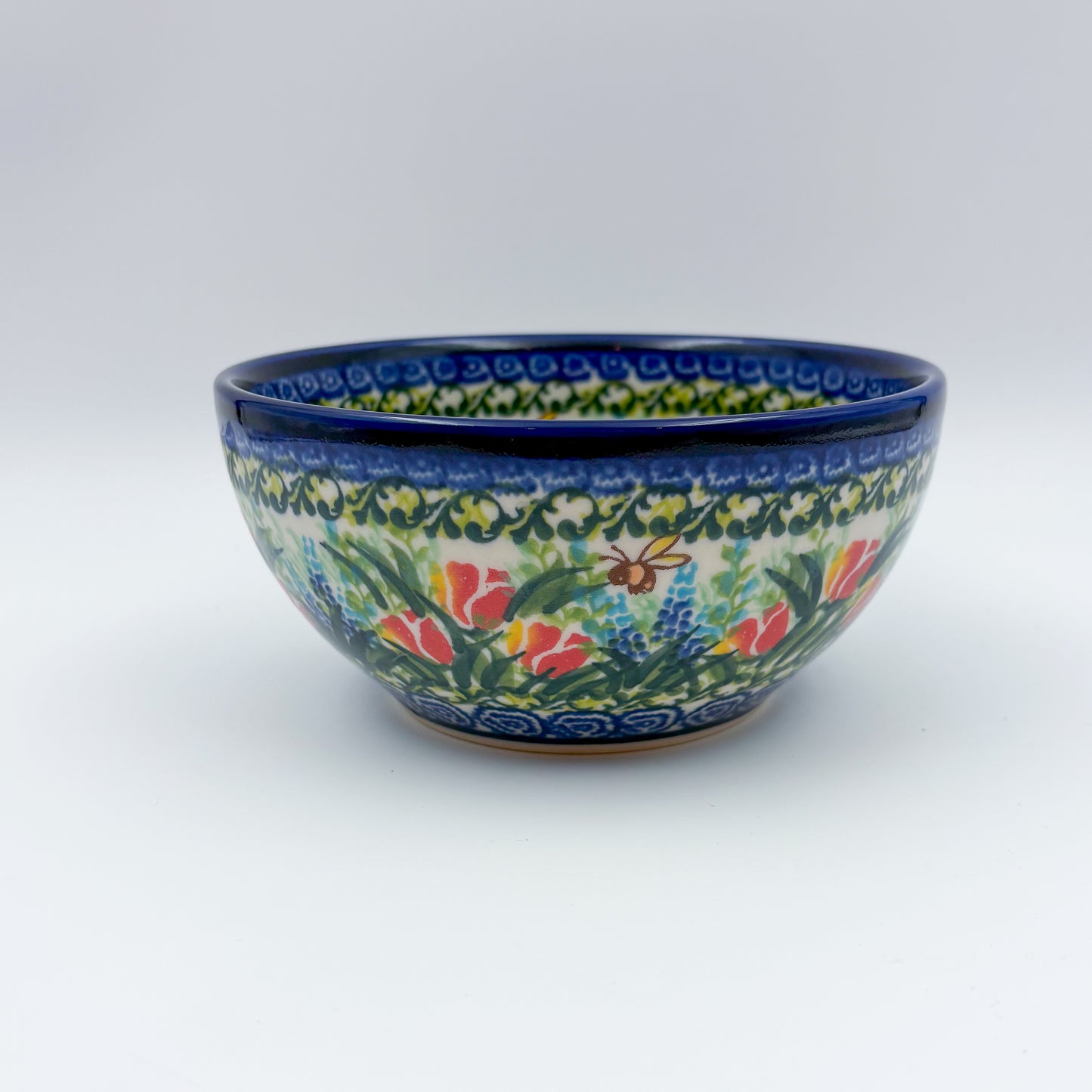 6” Bowl.  Hand crafted Polish pottery stoneware:  Tulips and Bees Design