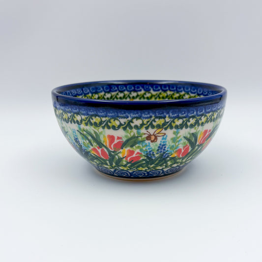 6” Bowl.  Hand crafted Polish pottery stoneware:  Tulips and Bees Design