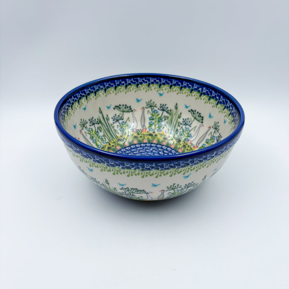 8”  Bowl.  Hand crafted Polish pottery stoneware: UNIKAT Ducks on the Run