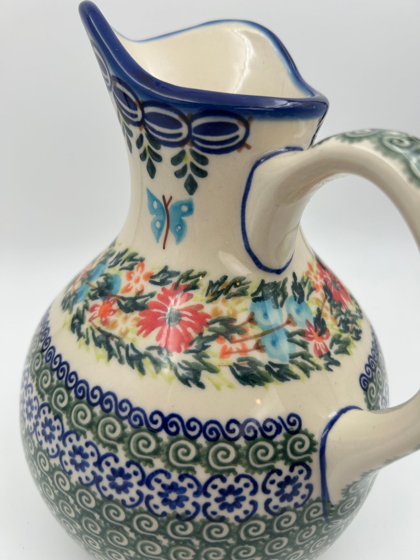 5 cup. Pitcher.  Hand painted Polish pottery stoneware.  UNIKAT Ring of Flowers