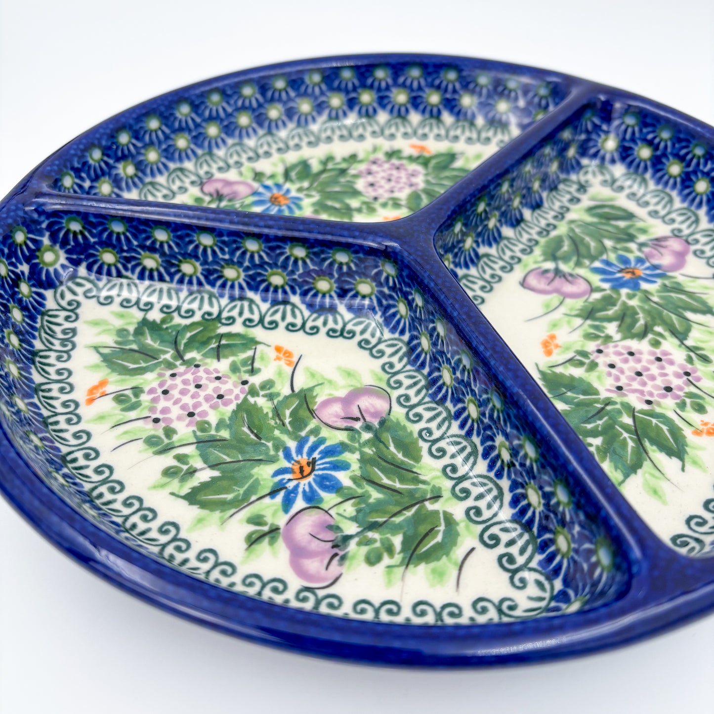 9" Divided Platter  Hand crafted Polish pottery stoneware: UNIKAT Floral Garden Design