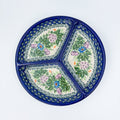 UNIKAT Floral Garden divided platter, top-down view of round three-section tray with hydrangea and poppy florals