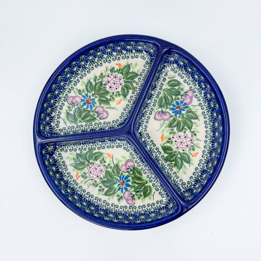 9" Divided Platter  Hand crafted Polish pottery stoneware: UNIKAT Floral Garden Design