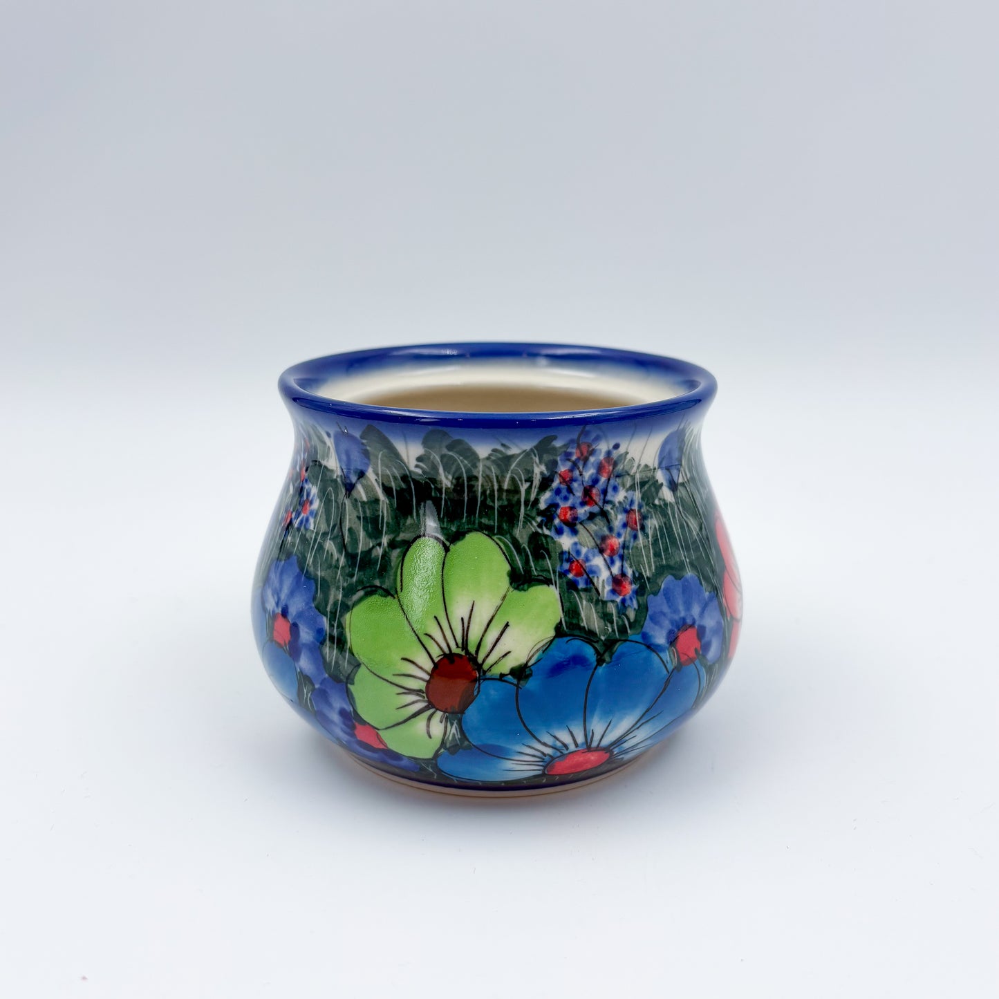Sugar Bowl and spoon.  UNIKAT Forget Me Knot Pansy Pattern
