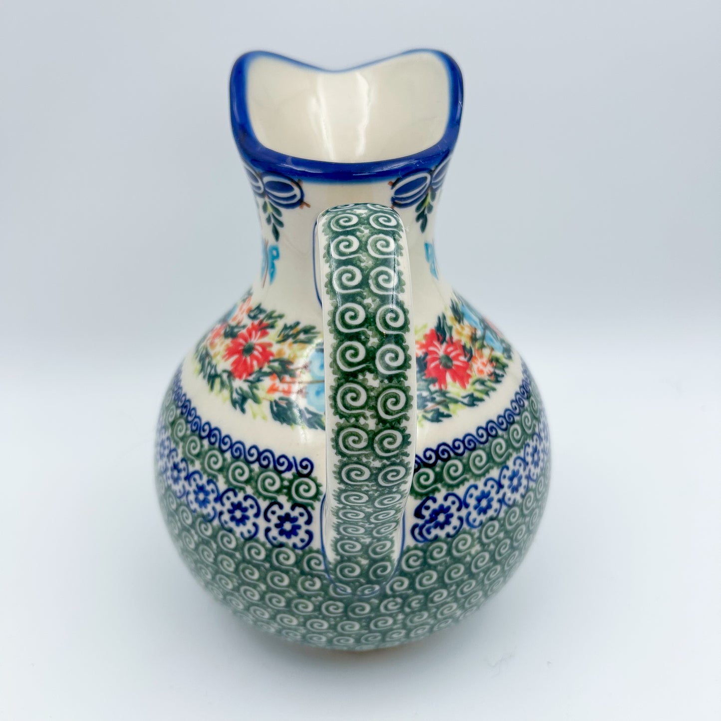 5 cup. Pitcher.  Hand painted Polish pottery stoneware.  UNIKAT Ring of Flowers