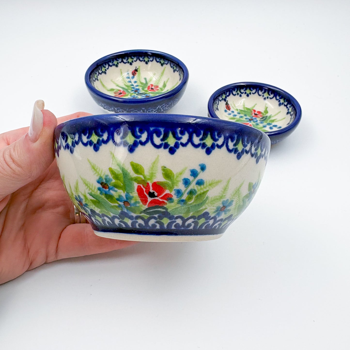 Small Set 3 stacking Bowls.  Hand crafted Polish pottery stoneware:  UNIKAT Ladybug Fields