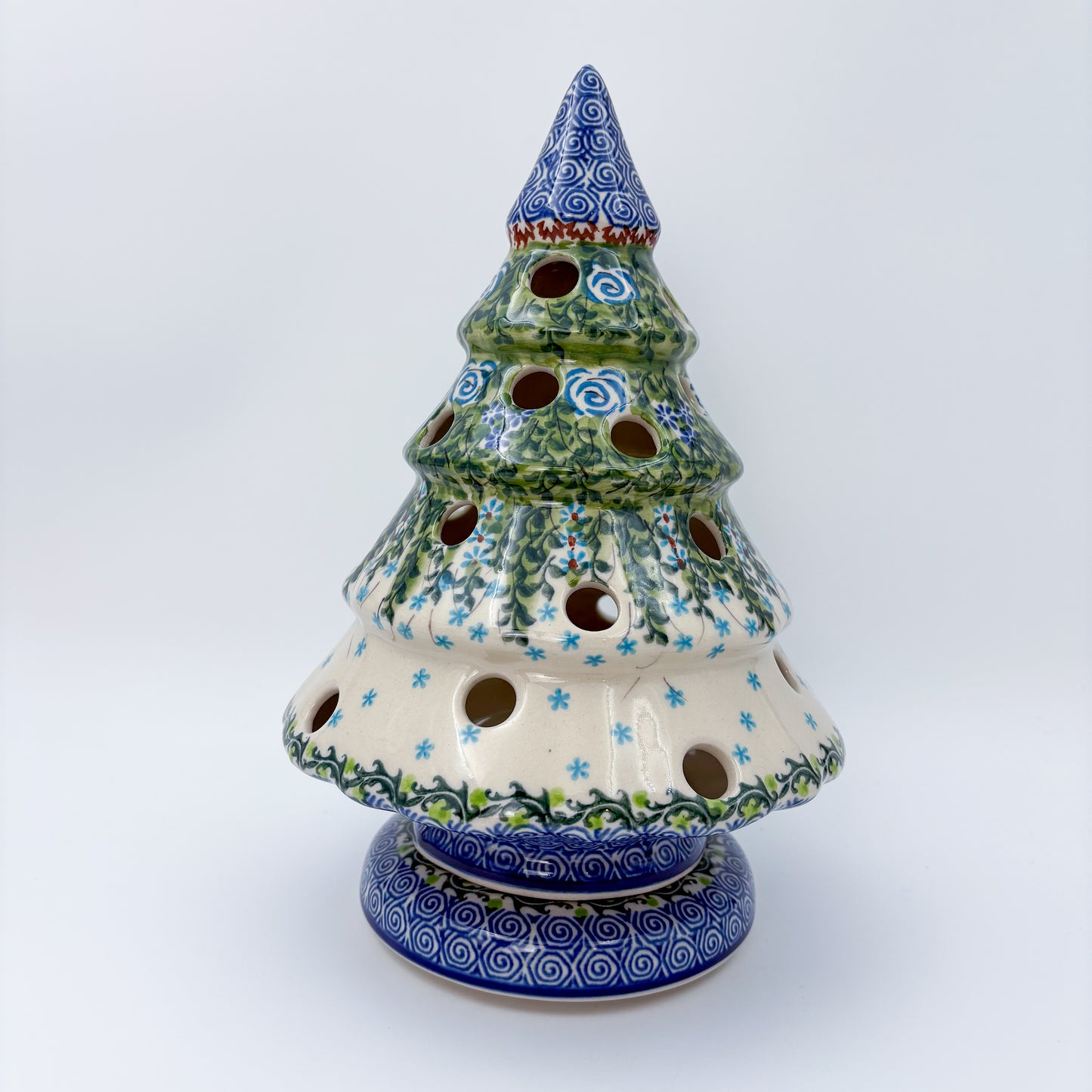 9.4" Christmas Tree Luminary with Base  Handmade Polish pottery.  UNIKAT Whispering Ferns Design