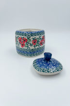 Polish pottery 9oz” square foral sugar bowl in Red Pansy Pattern. 
Ceramika Artystyczna Company