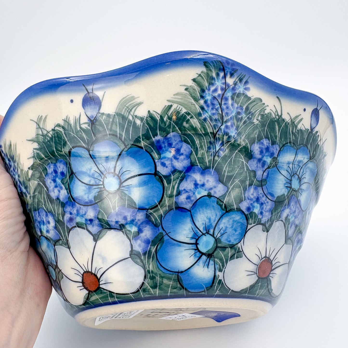7" Wavy Bowl  Hand crafted Polish pottery stoneware: UNIKAT Forget Me not Pansy