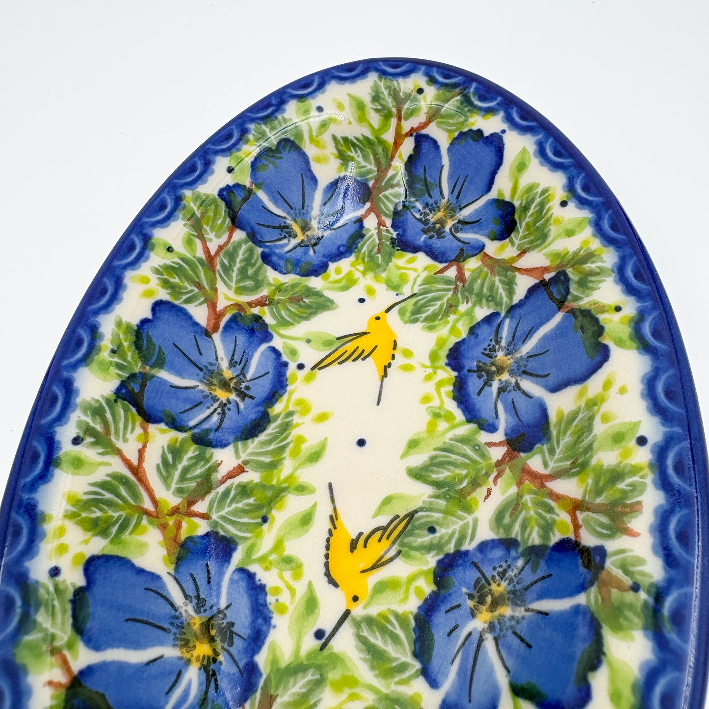 7" Oval Milano Platter  Hand crafted Polish pottery stoneware: UNIKAT Blue Poppy Songbird
