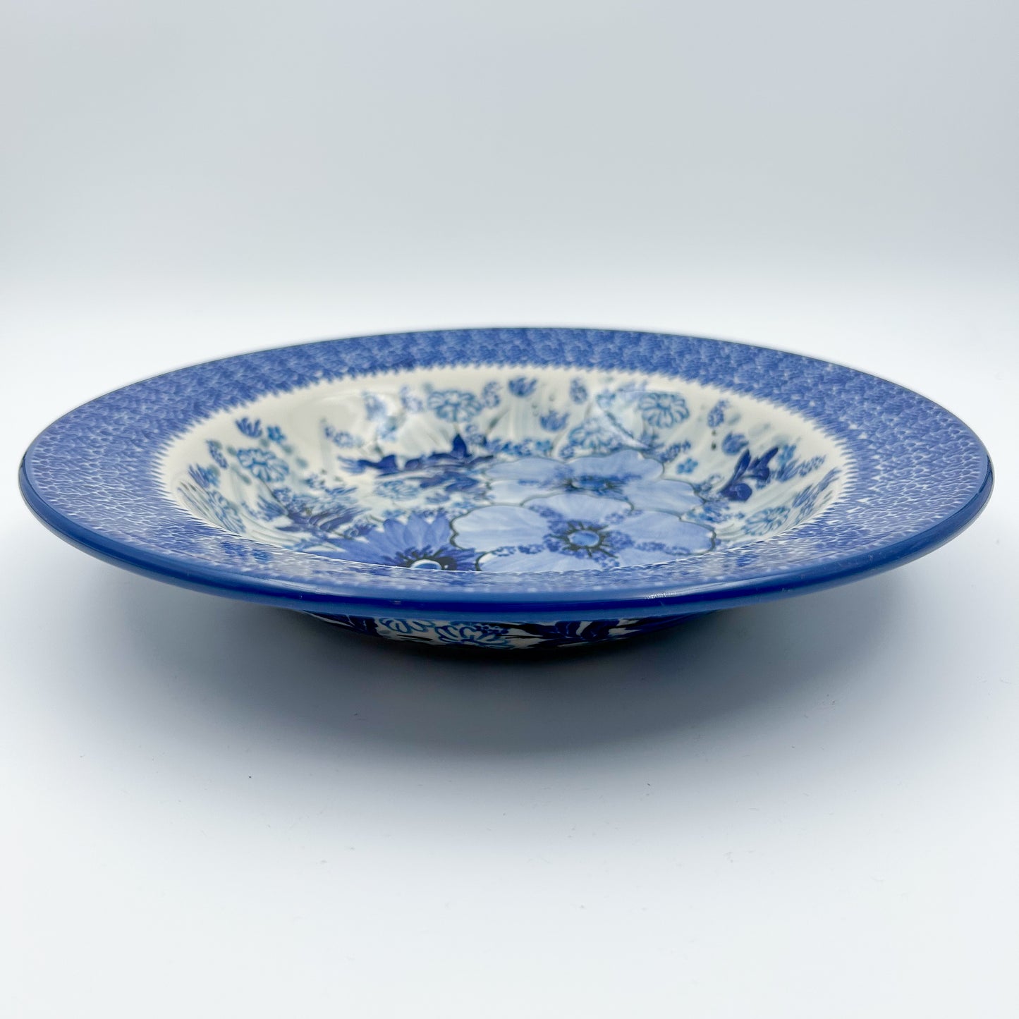9” Pasta  Bowl.  Hand crafted Polish pottery stoneware: UNIKAT Blue Wildflower Patch