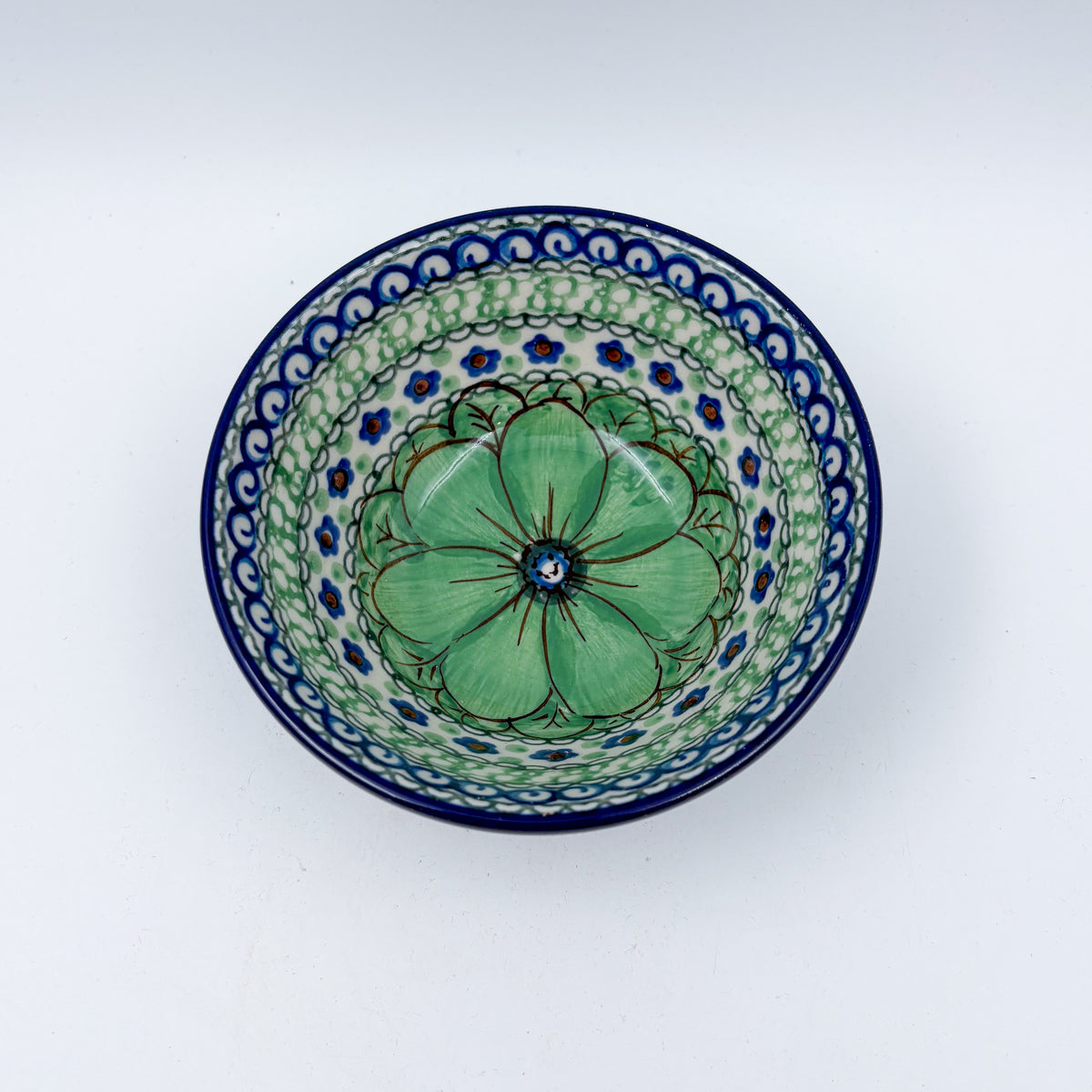 5” Bowl.  Hand crafted Polish pottery stoneware: UNIKAT Green Pansies Design