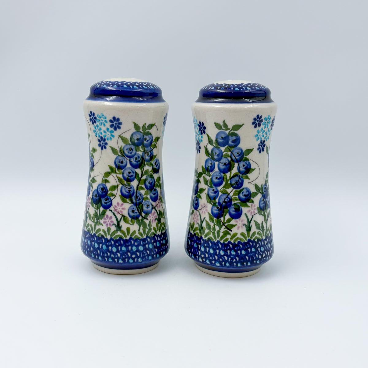 5” Salt and Pepper Shakers.  Handmade Polish pottery.  UNIKAT Blueberry Bliss Design