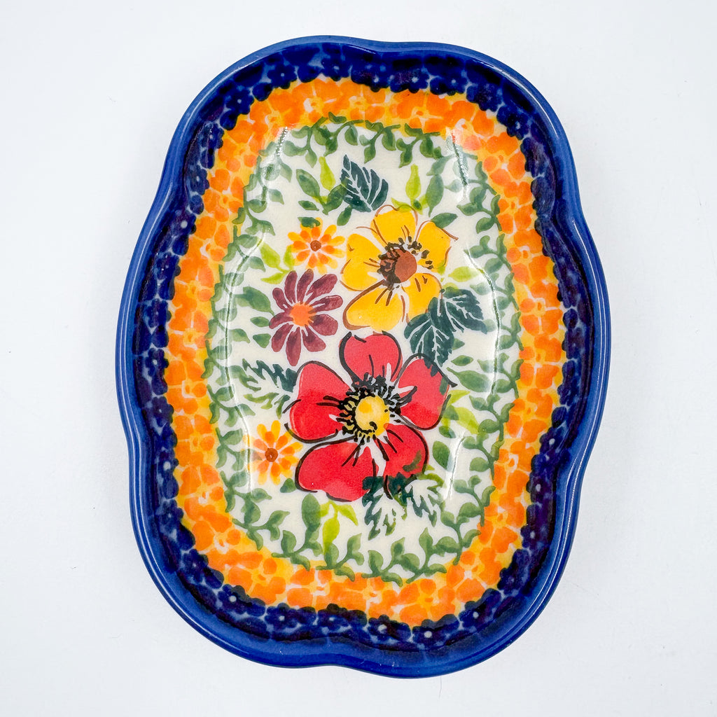 5" Soap Dish.  Handmade Polish pottery.  UNIKAT Tangerine Fields