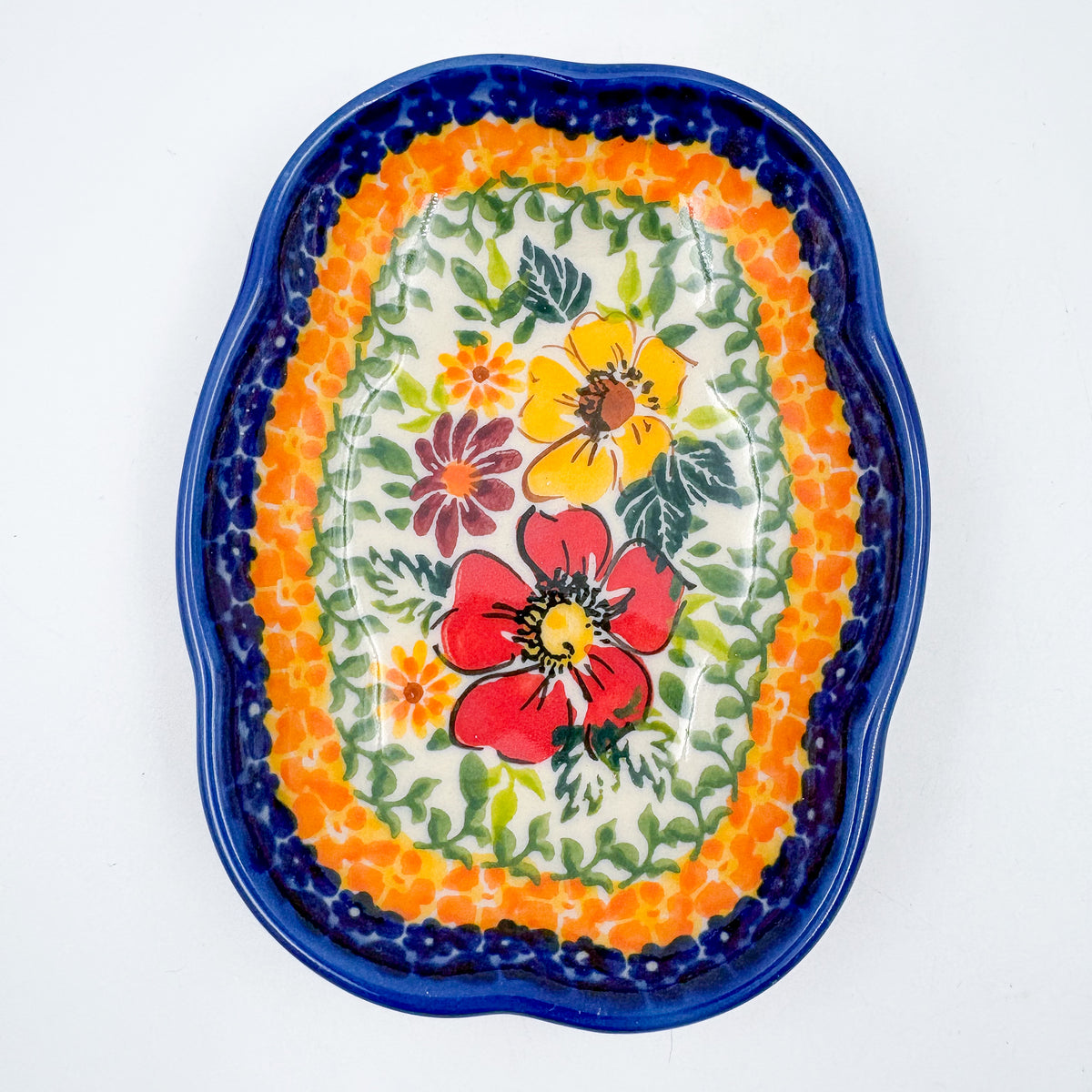 5" Soap Dish.  Handmade Polish pottery.  UNIKAT Tangerine Fields