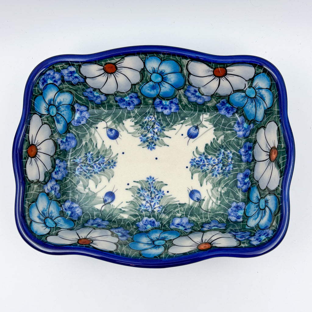8” Rectangular Fala Baker Handmade in Poland.  UNIKAT Forget Me Not Pansy