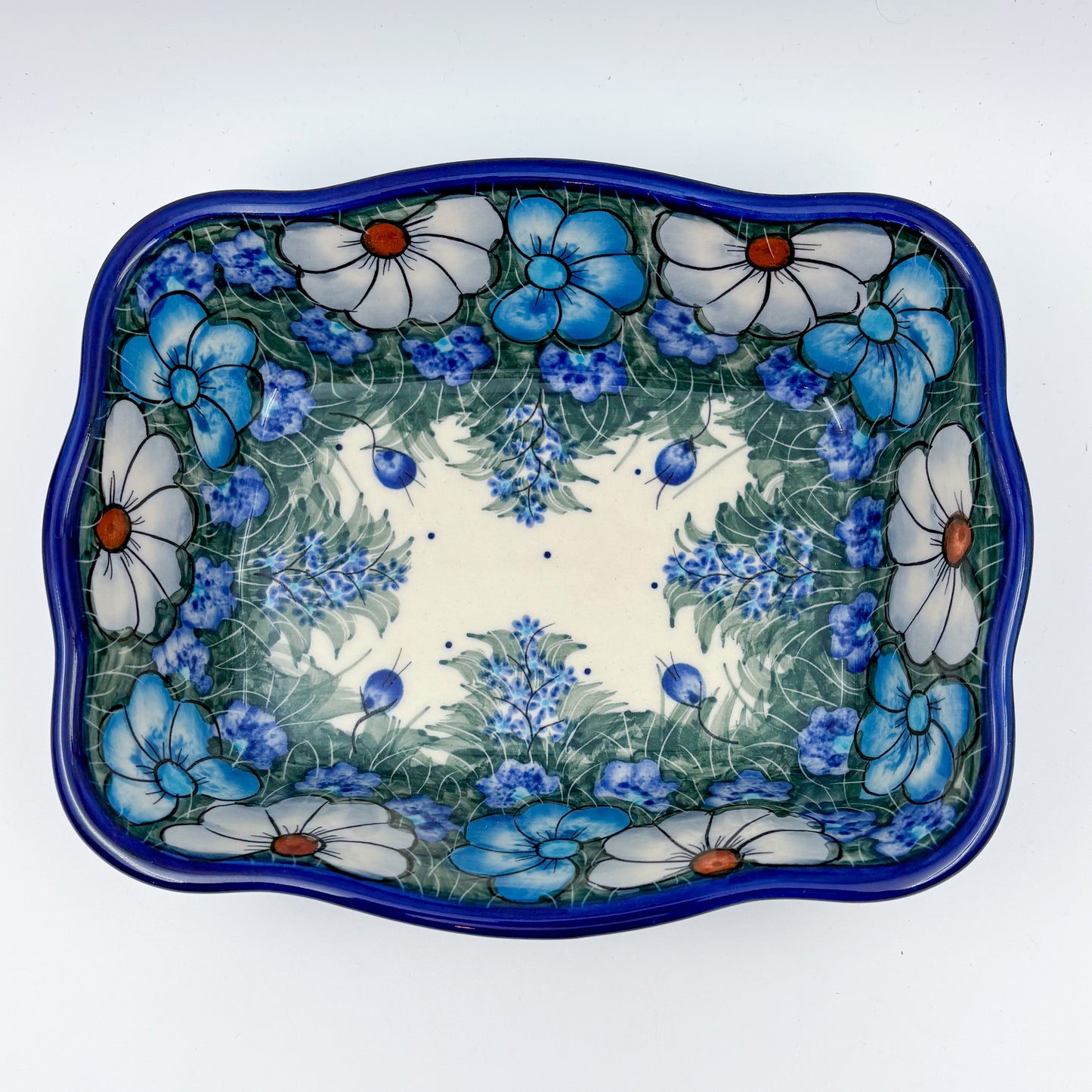 8” Rectangular Fala Baker Handmade in Poland.  UNIKAT Forget Me Not Pansy