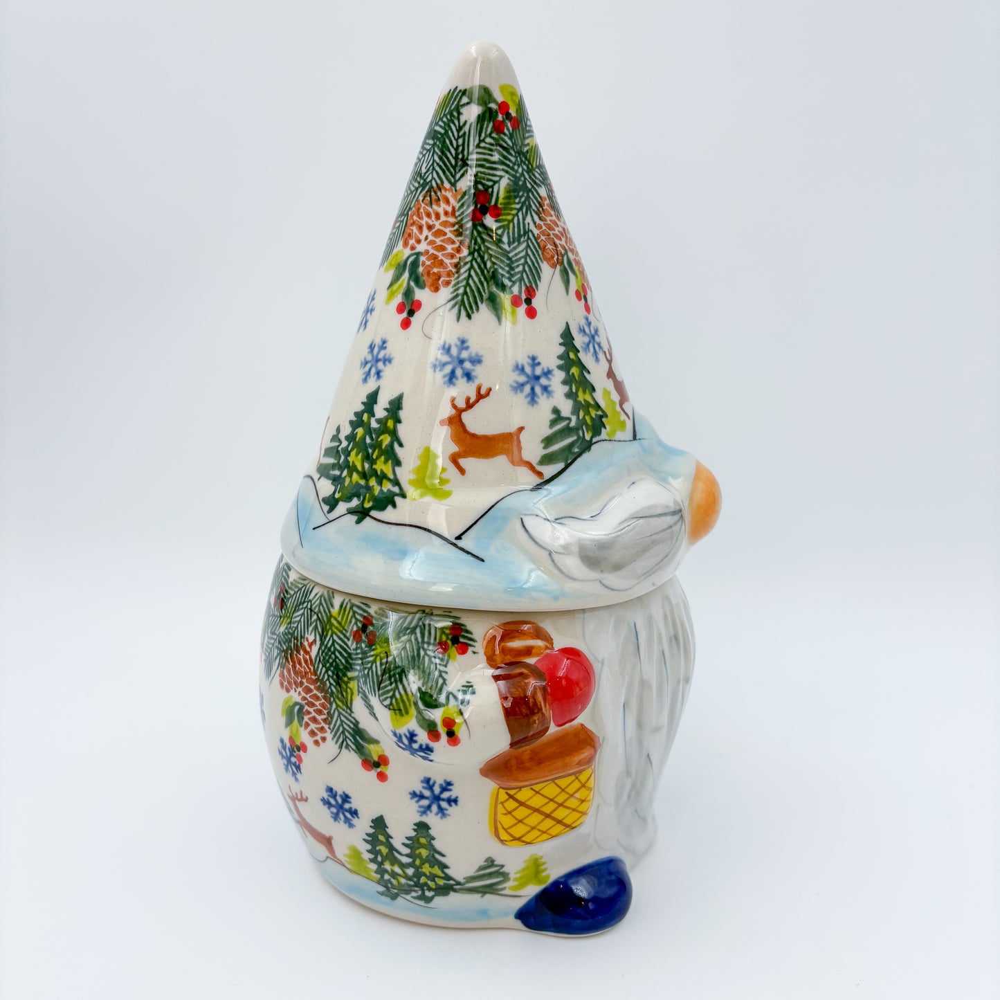 Small Gnome Cookie Jar. Handmade Polish pottery.  UNIKAT Reindeer Bliss