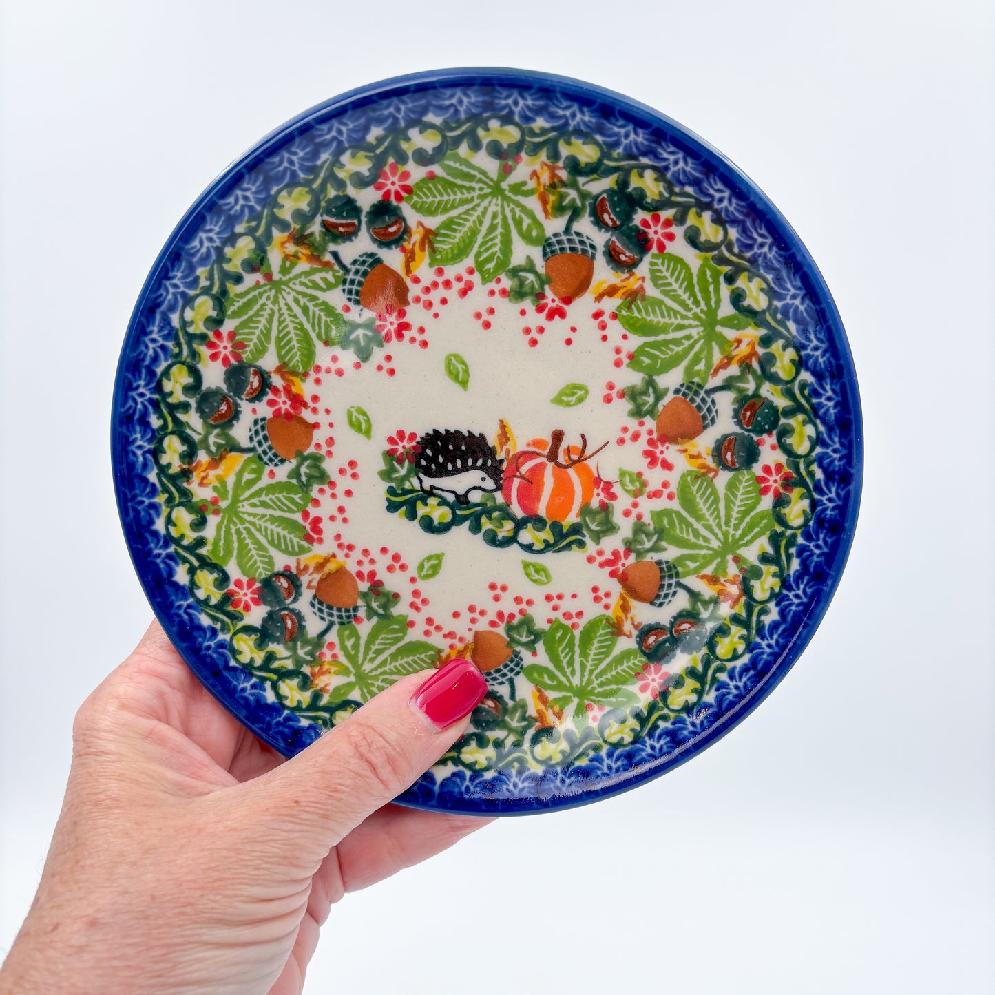 6” Plate.  Hand crafted Polish pottery stoneware: UNIKAT Hedgehogs and Pumpkins