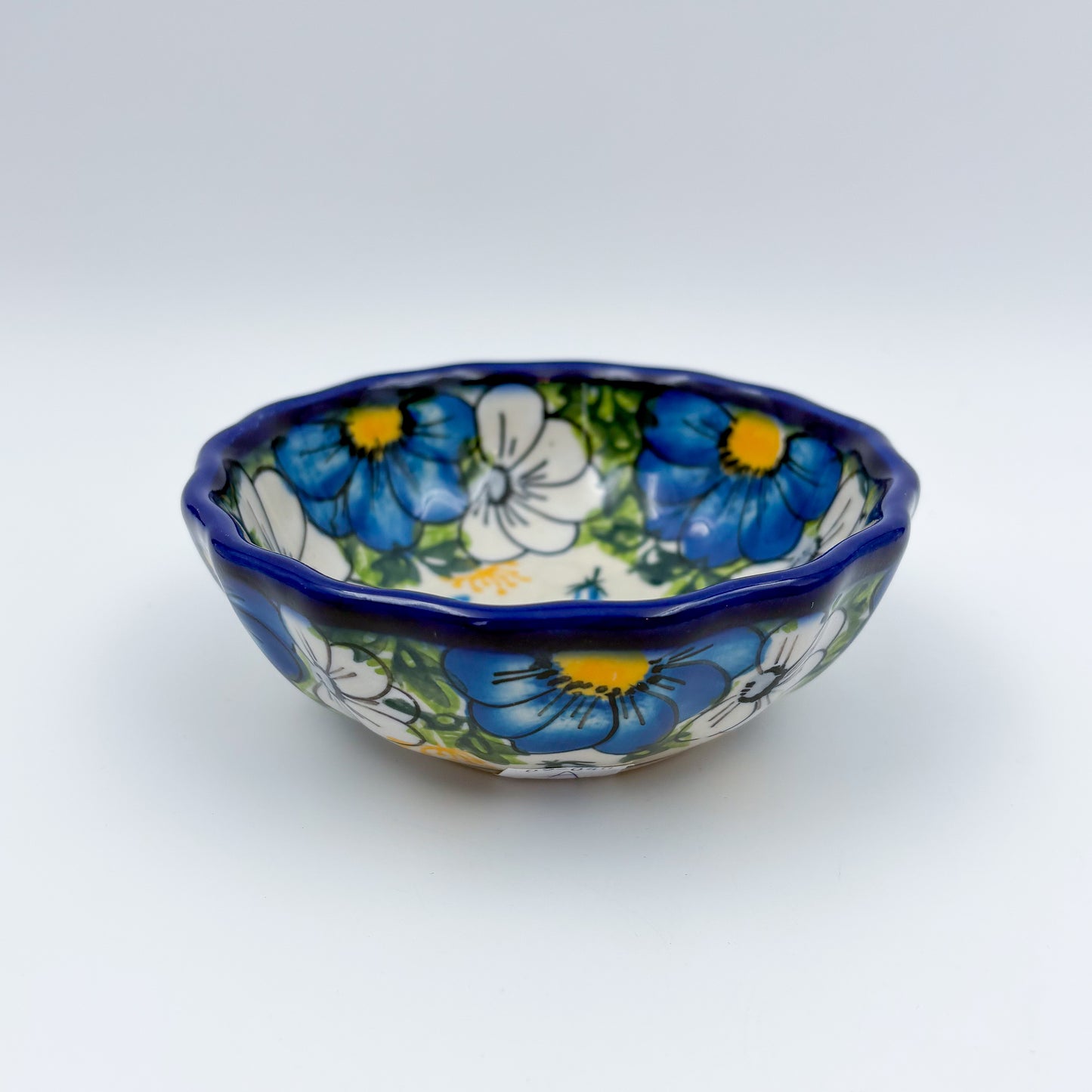 5” Scalloped Bowl.  Hand crafted Polish pottery stoneware:  UNIKAT Blue Petal Dance
