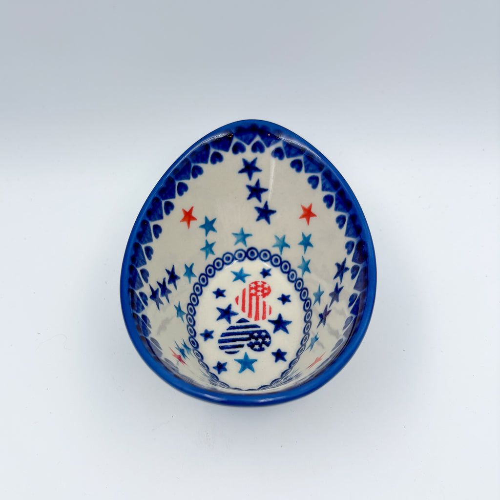 6” Oval Tub Bowl.  Hand crafted Polish pottery stoneware:  UNIKAT Stars and Stripes Pattern