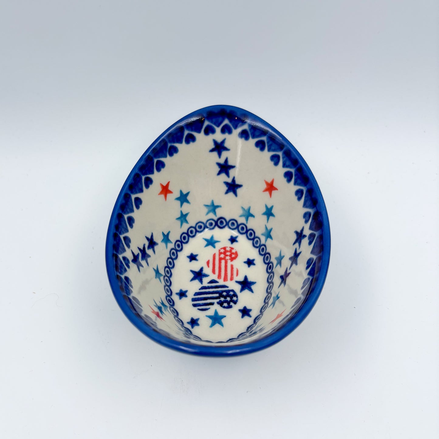 6” Oval Tub Bowl.  Hand crafted Polish pottery stoneware:  UNIKAT Stars and Stripes Pattern