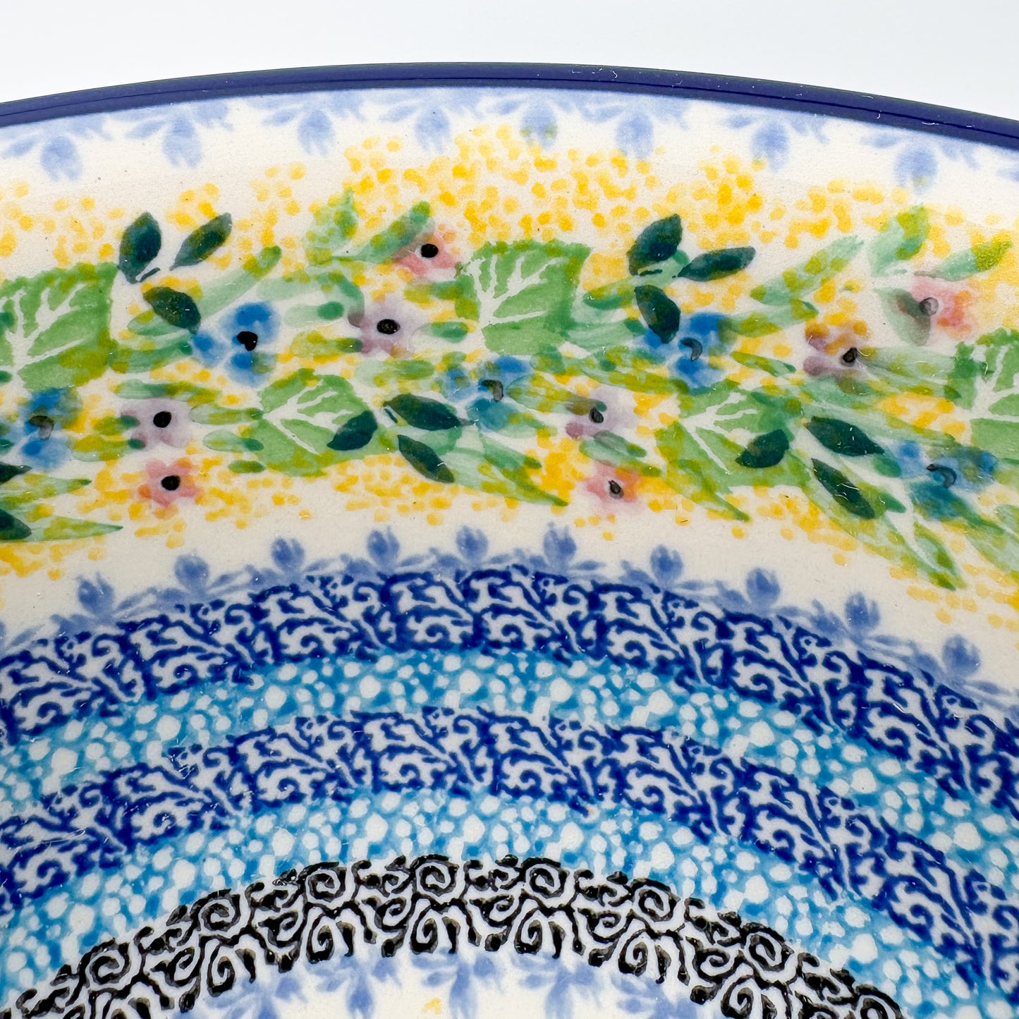 9” Serving Bowl.  Hand crafted Polish pottery stoneware: UNIKAT Blue Hydrangea Design