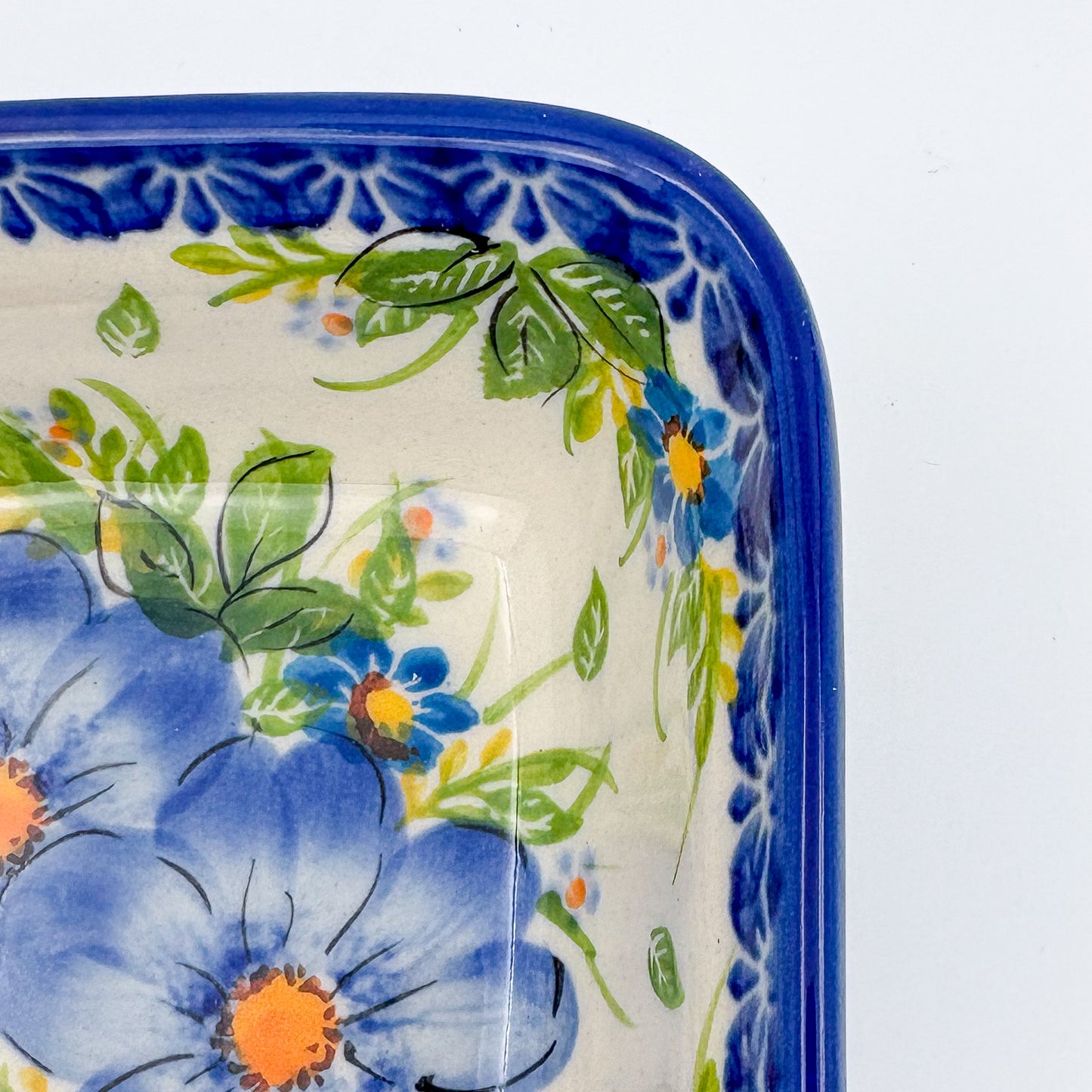 5” Square Bowl.  Hand crafted Polish pottery stoneware:   Unikat Blue Daisy