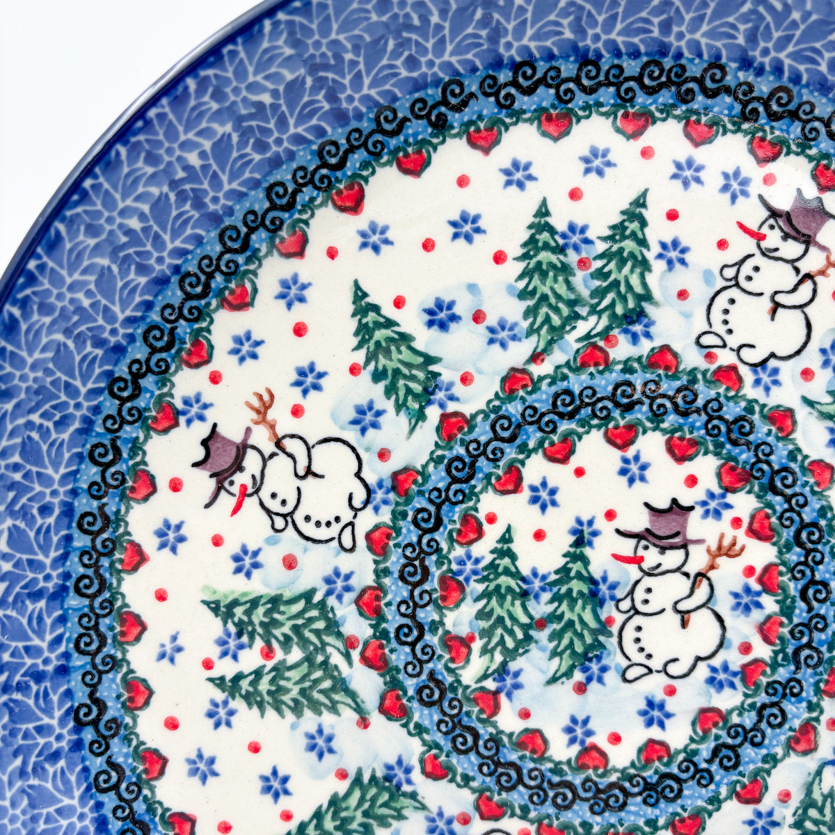 9” Plate.  Hand crafted Polish pottery stoneware: UNIKAT Dancing Snowman