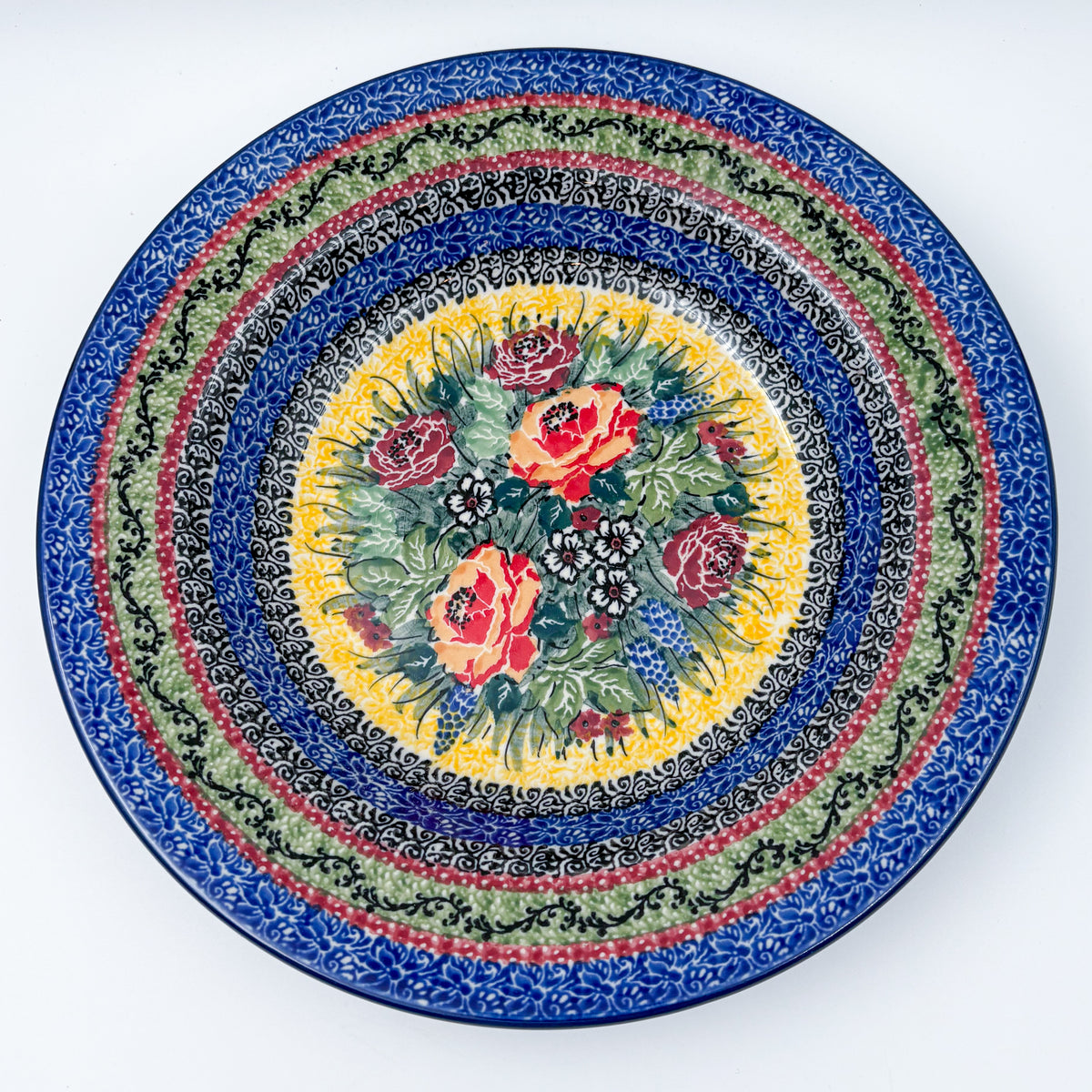 9”  Pasta Bowl.  Hand crafted Polish pottery stoneware: UNIKAT Copper Rose Meadow Design