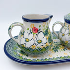 10" Cream and Sugar Set (with small spoon).  UNIKAT Hidden Pansy Design