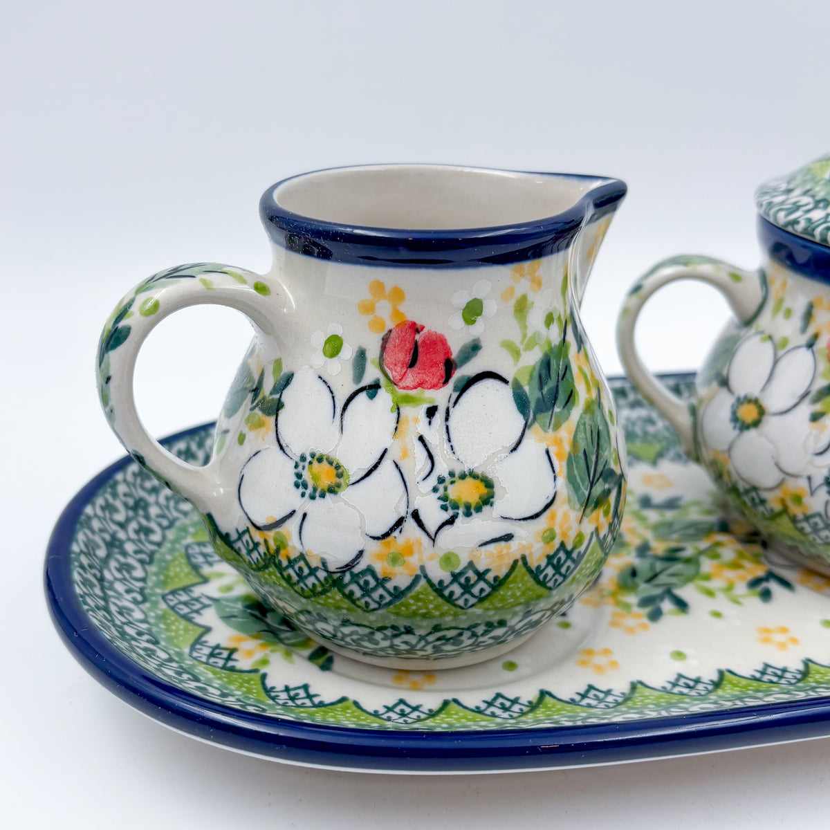 10" Cream and Sugar Set (with small spoon).  UNIKAT Hidden Pansy Design