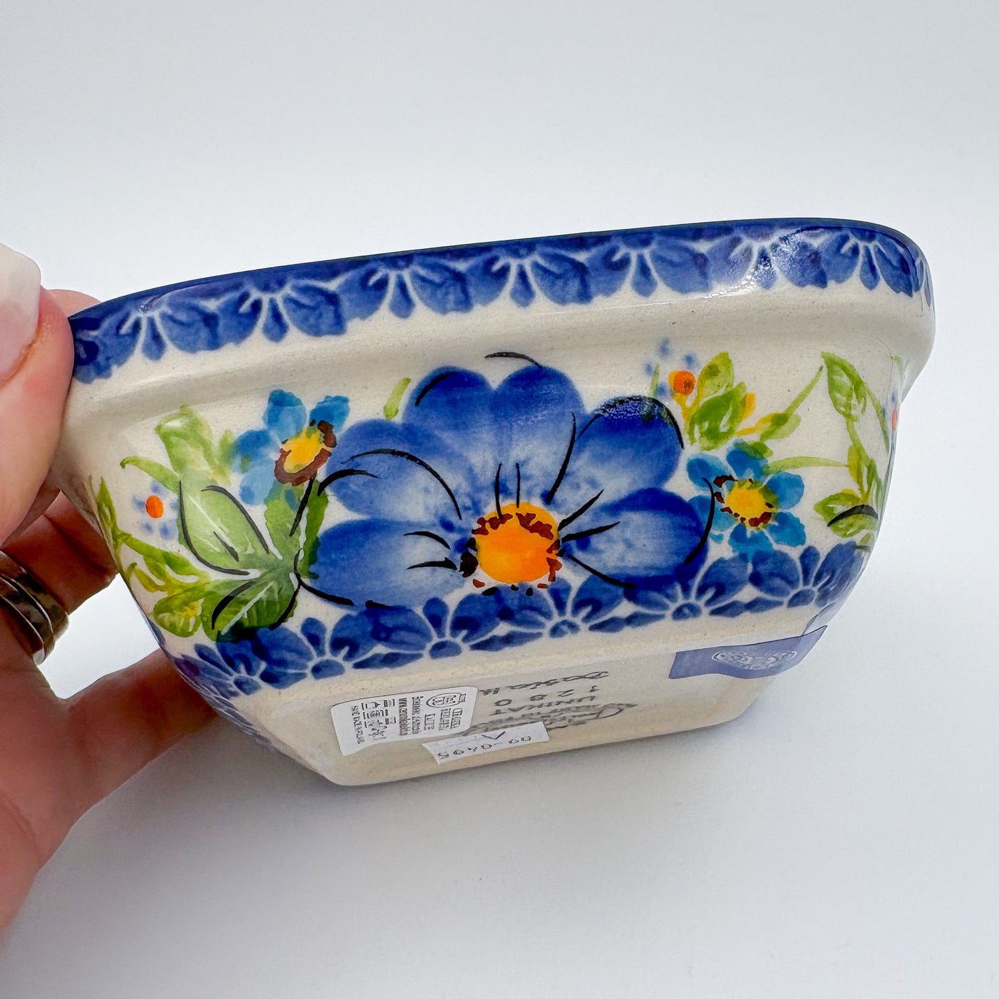 5” Square Bowl.  Hand crafted Polish pottery stoneware:   Unikat Blue Daisy