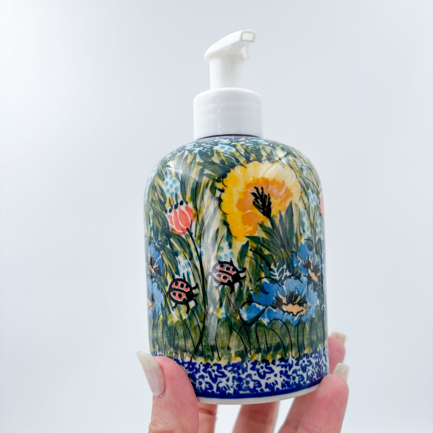 5" Soap Dispenser 10 oz.  Handmade Polish pottery.  UNIKAT Lucky Ladybug Design