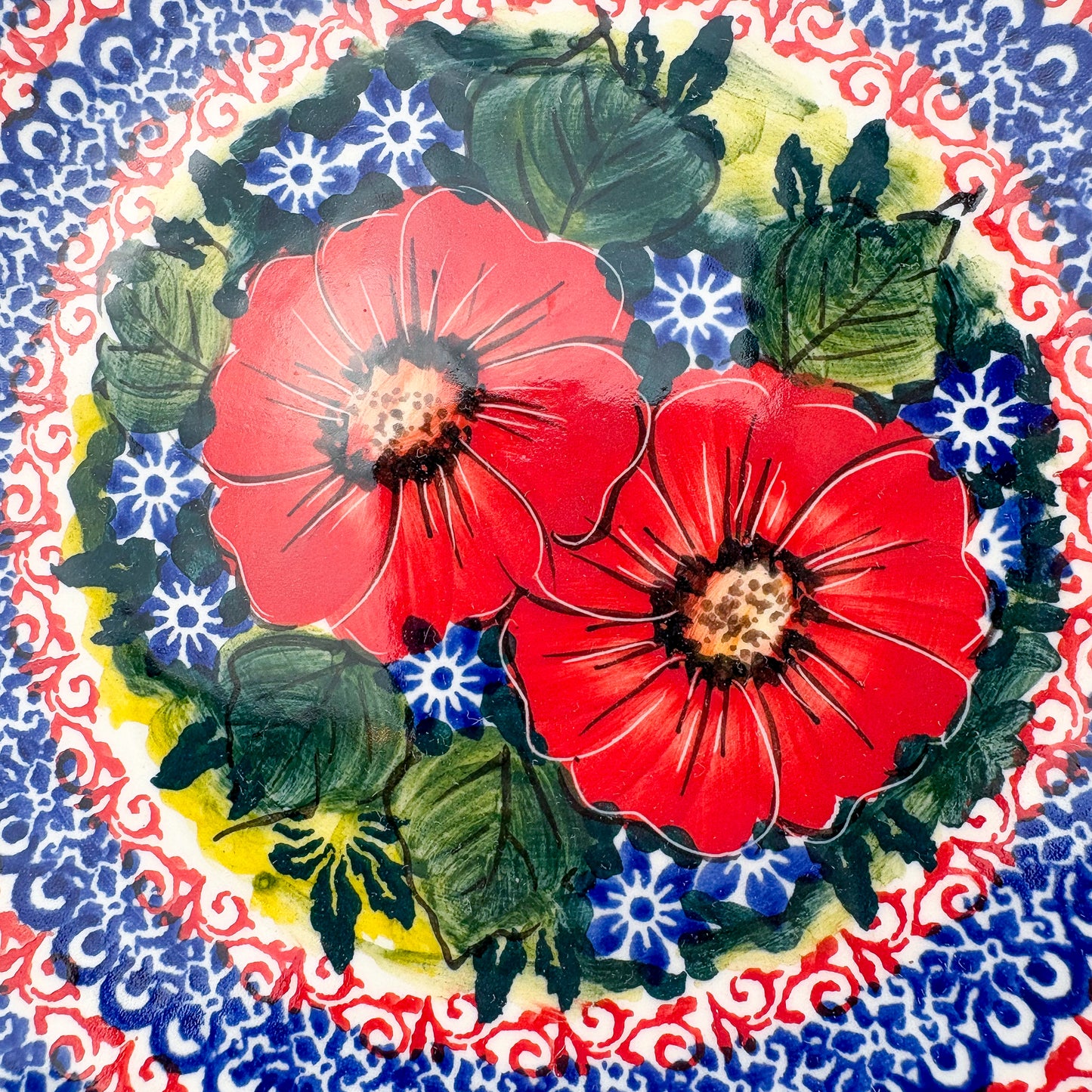7.5” Plate.  Hand crafted Polish pottery stoneware: UNIKAT Red Finesy Design