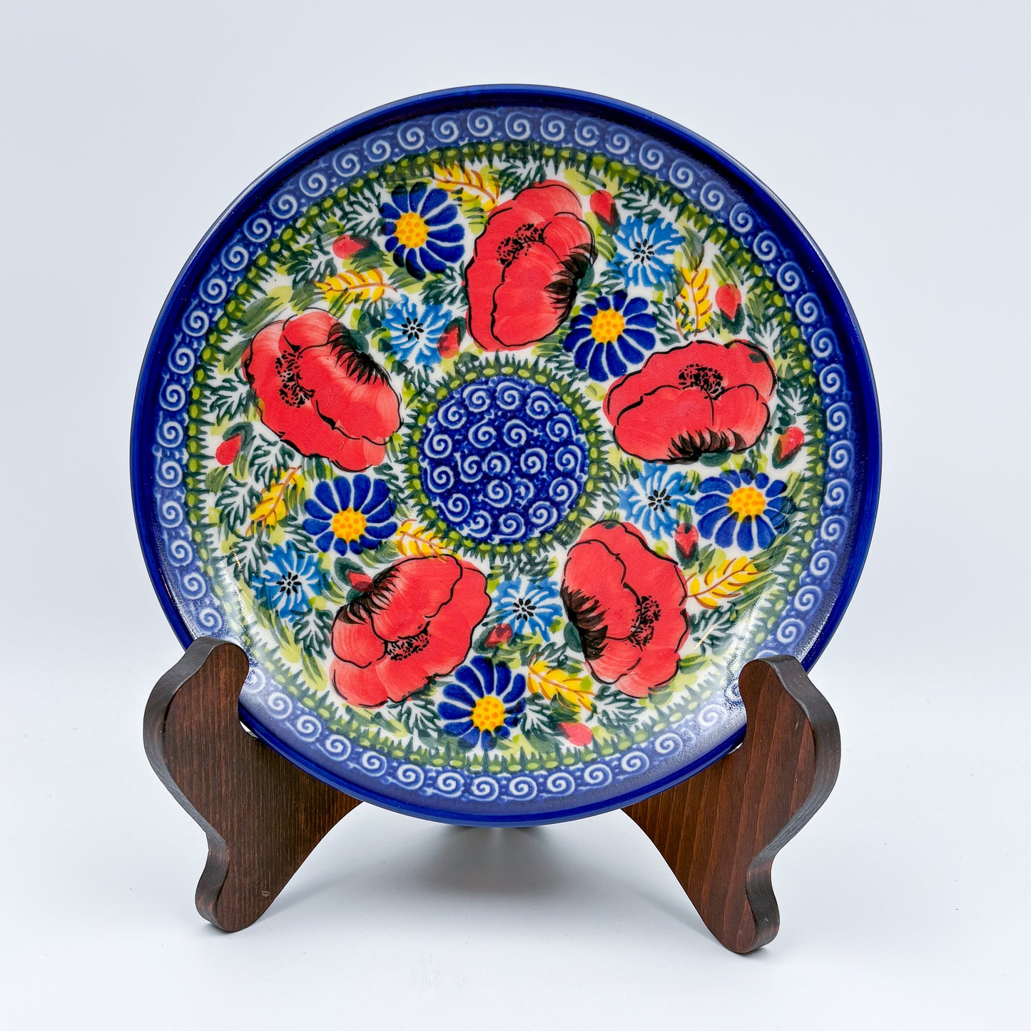 7.5” Plate.  Hand crafted Polish pottery stoneware: UNIKAT Garden Poppy