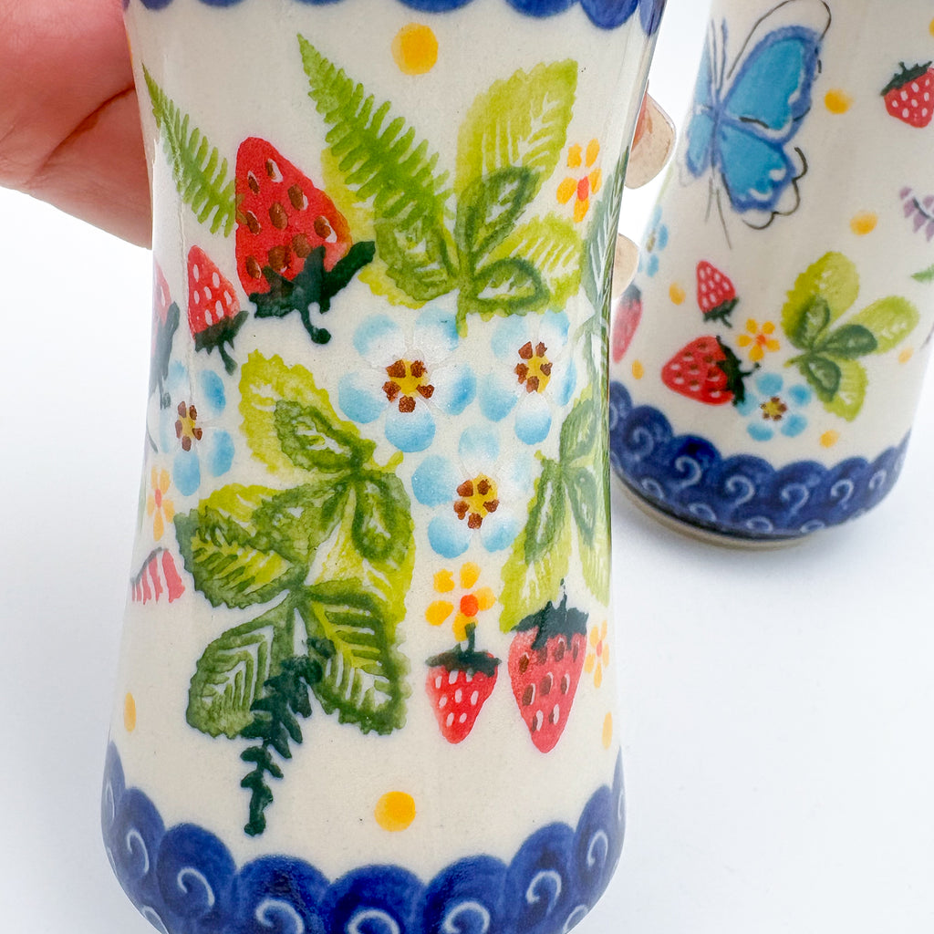 5” Salt and Pepper Shakers.  Handmade Polish pottery.  UNIKAT Strawberry Fields