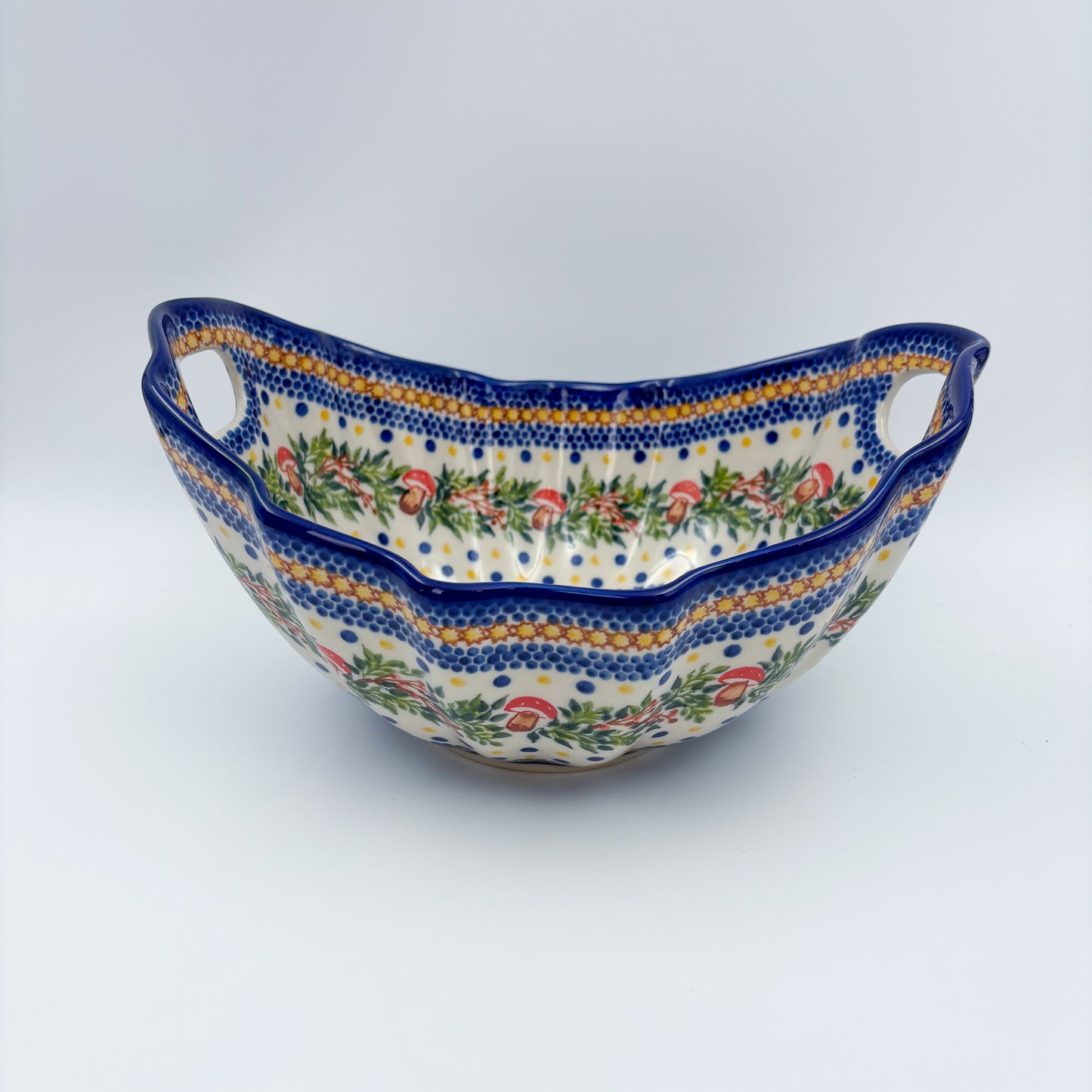 10" Lodka Bowl with Handles.  Hand crafted Polish pottery stoneware:  UNIKAT Mushroom Pattern