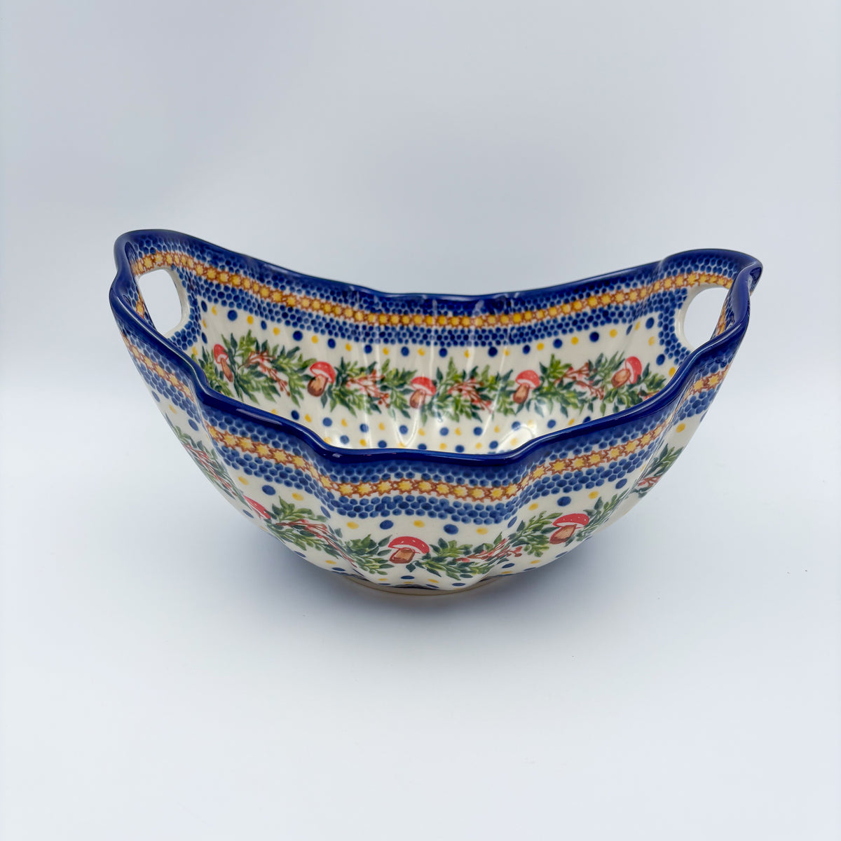 UNIKAT Mushroom Pattern Lodka bowl with handles, front view showing mushroom and berry wreath