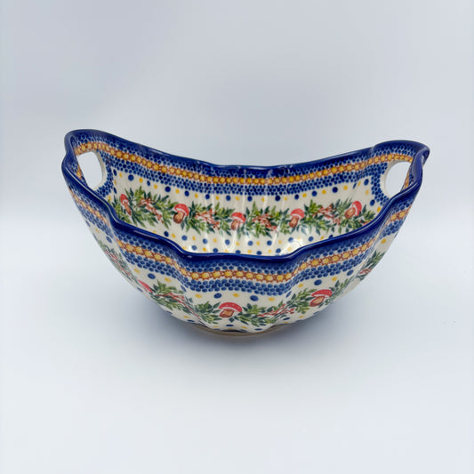 10" Lodka Bowl with Handles.  Hand crafted Polish pottery stoneware:  UNIKAT Mushroom Pattern