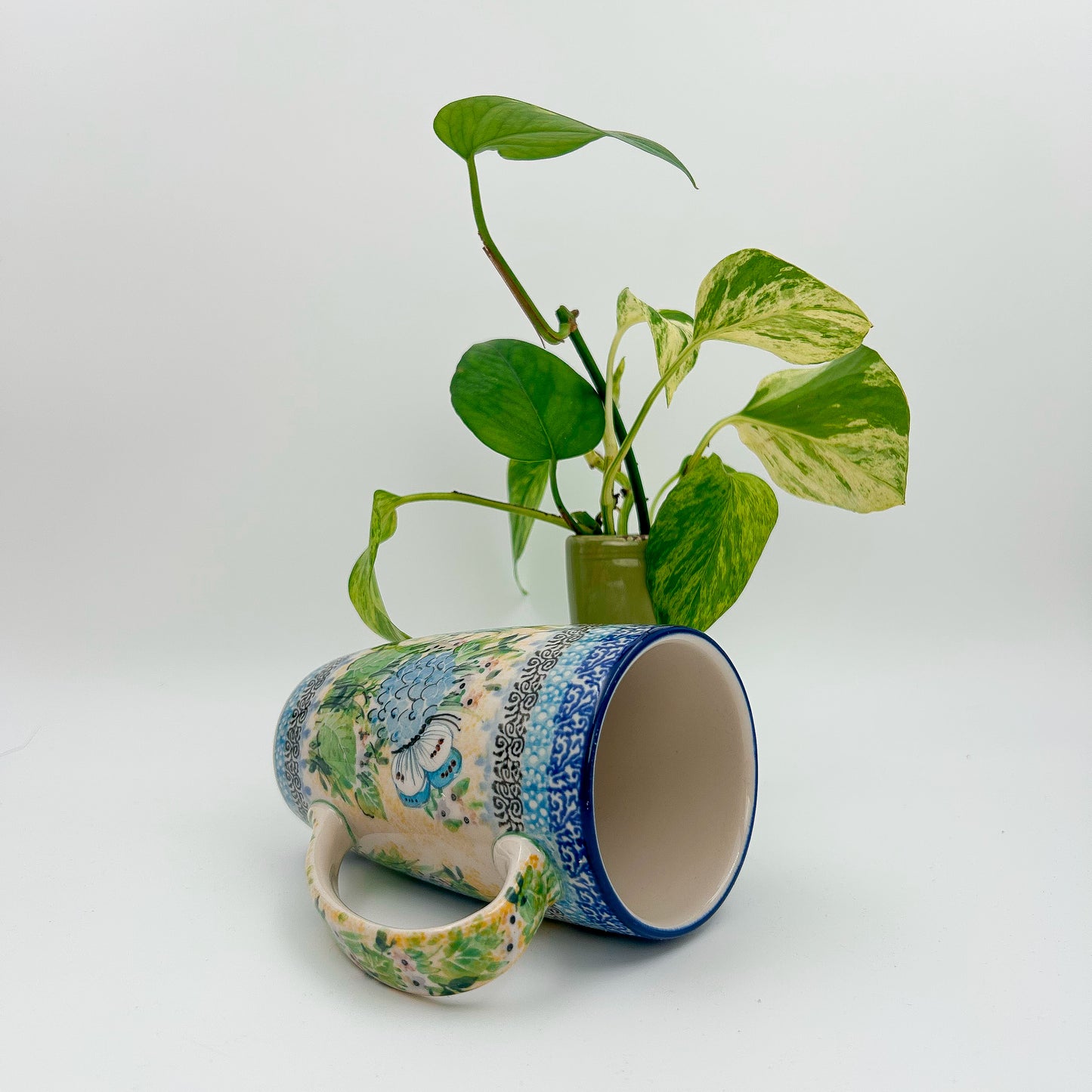 Latte Mug. Handcrafted Polish pottery stoneware: UNIKAT Blue Hydrangea