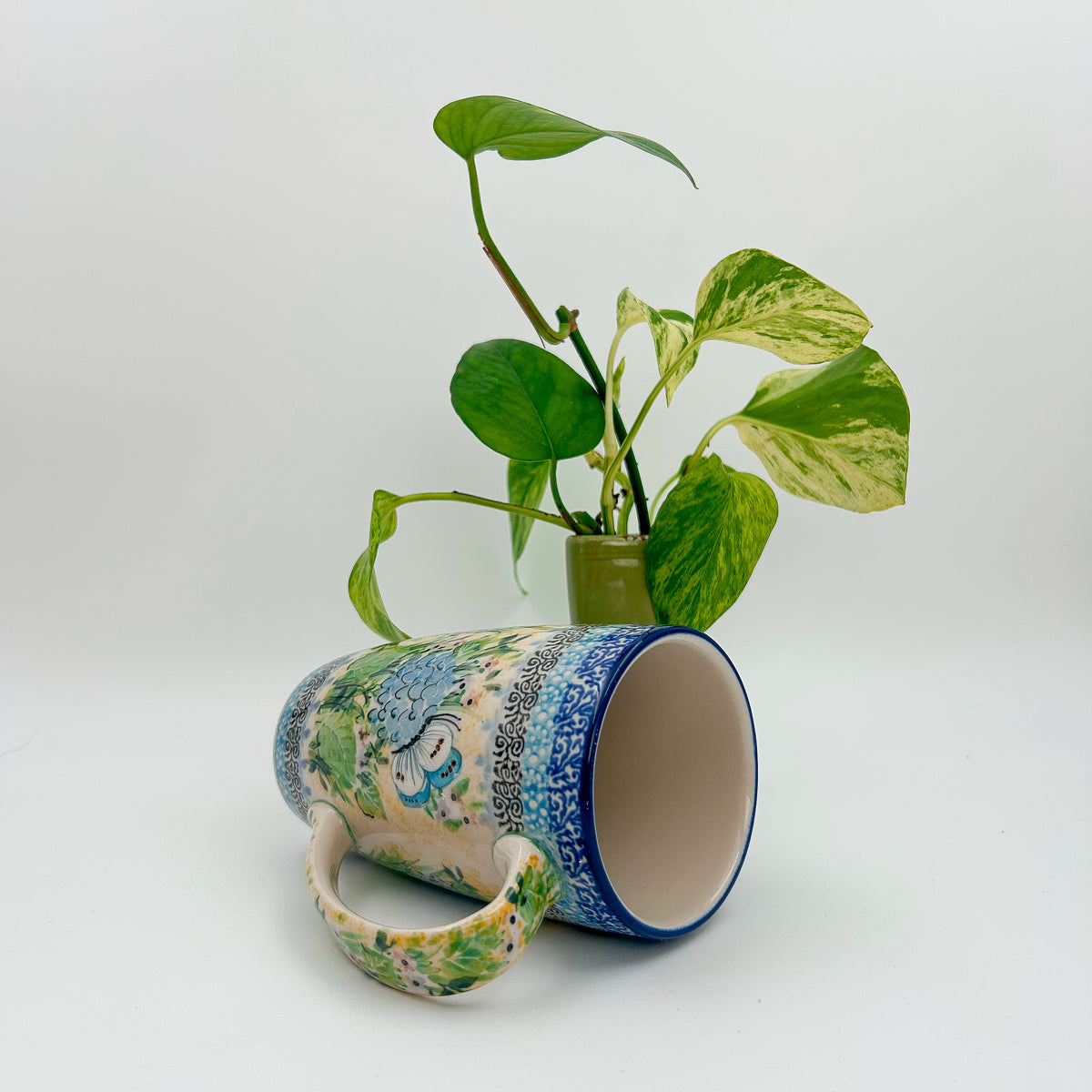 Latte Mug. Handcrafted Polish pottery stoneware: UNIKAT Blue Hydrangea