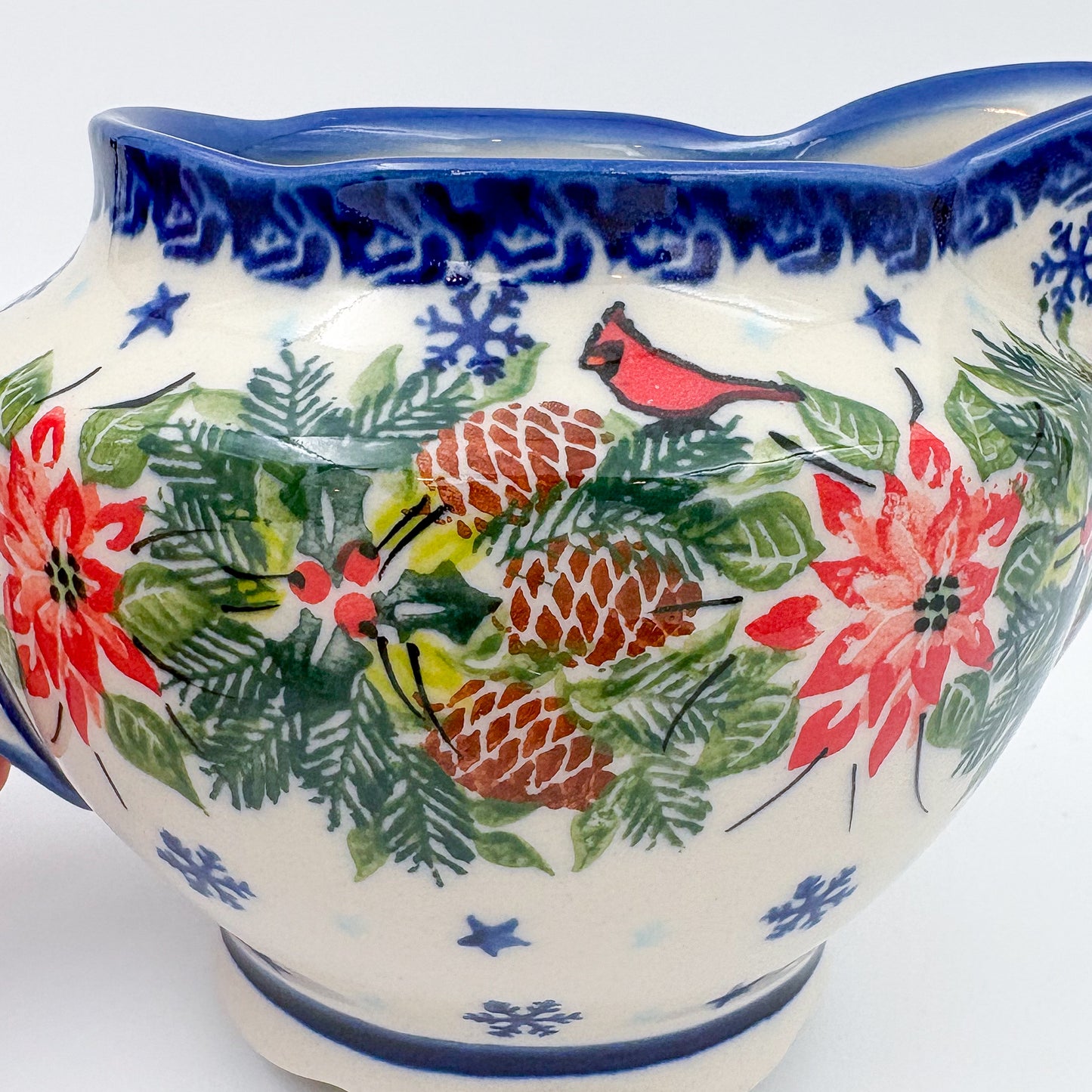 18 oz Loop Handle Gravy Dish.  Hand painted Polish pottery stoneware.  UNIKAT Cardinal Winter