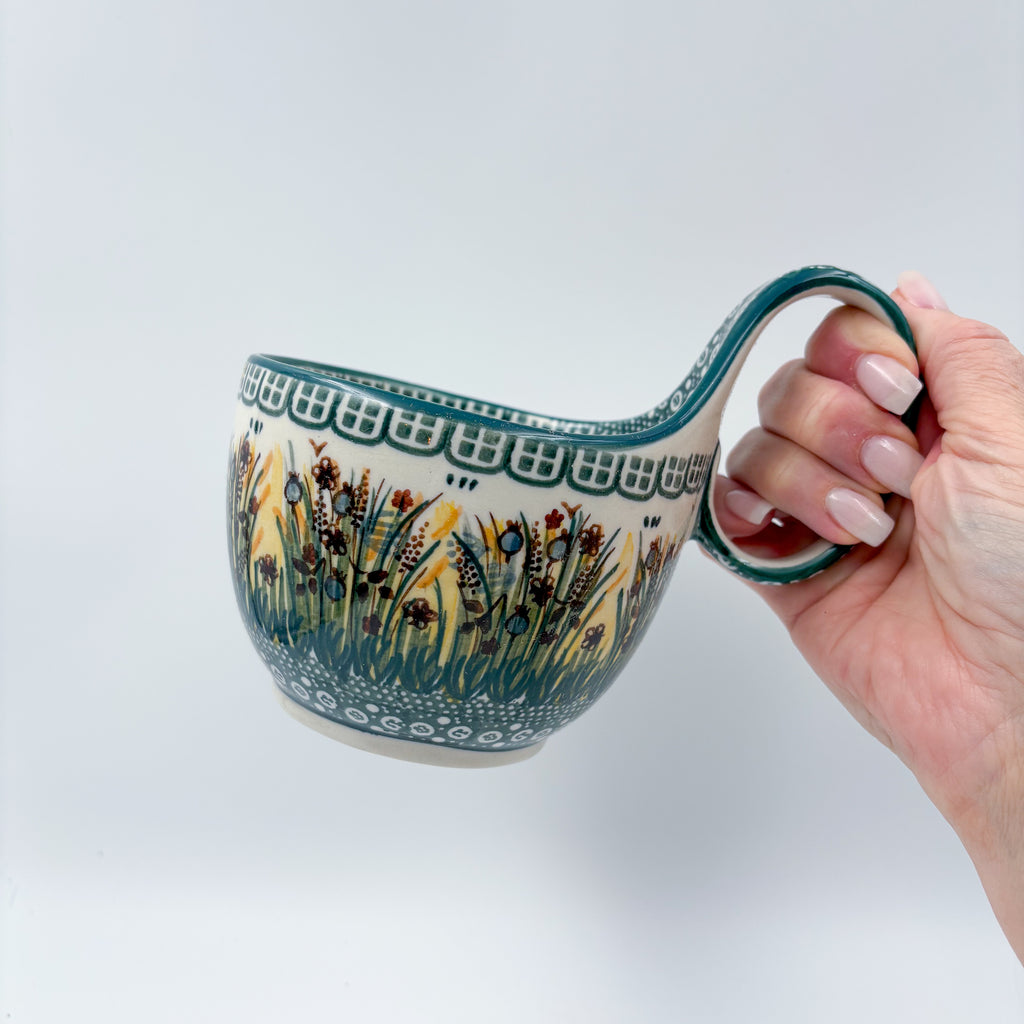 16 oz Bowl/Mug with Loop-Handle.  Hand crafted Polish pottery stoneware: UNIKAT Fall Reeds
