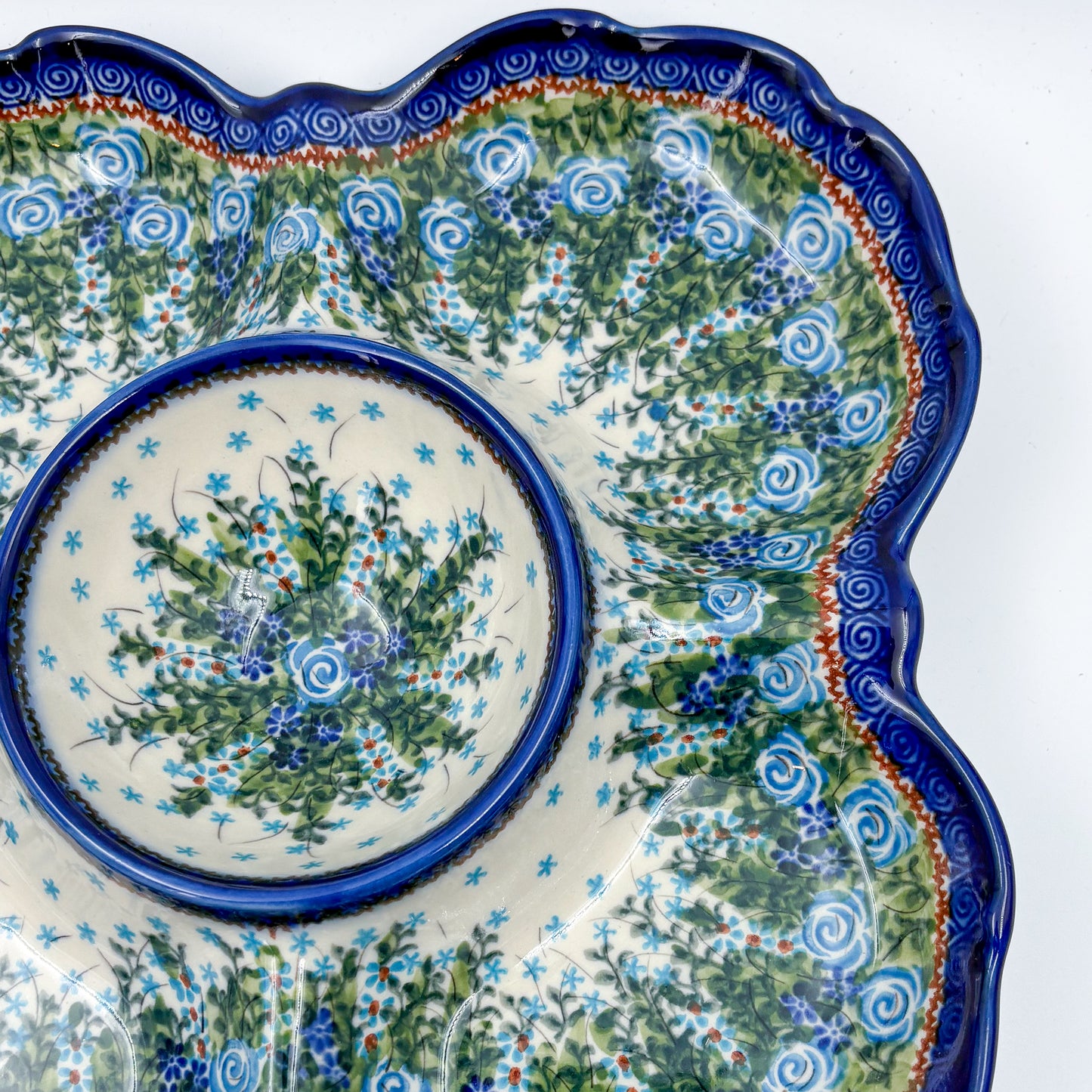 11" Divided Platter with Center Bowl.  Hand crafted Polish pottery stoneware: UNIKAT Whispering Ferns