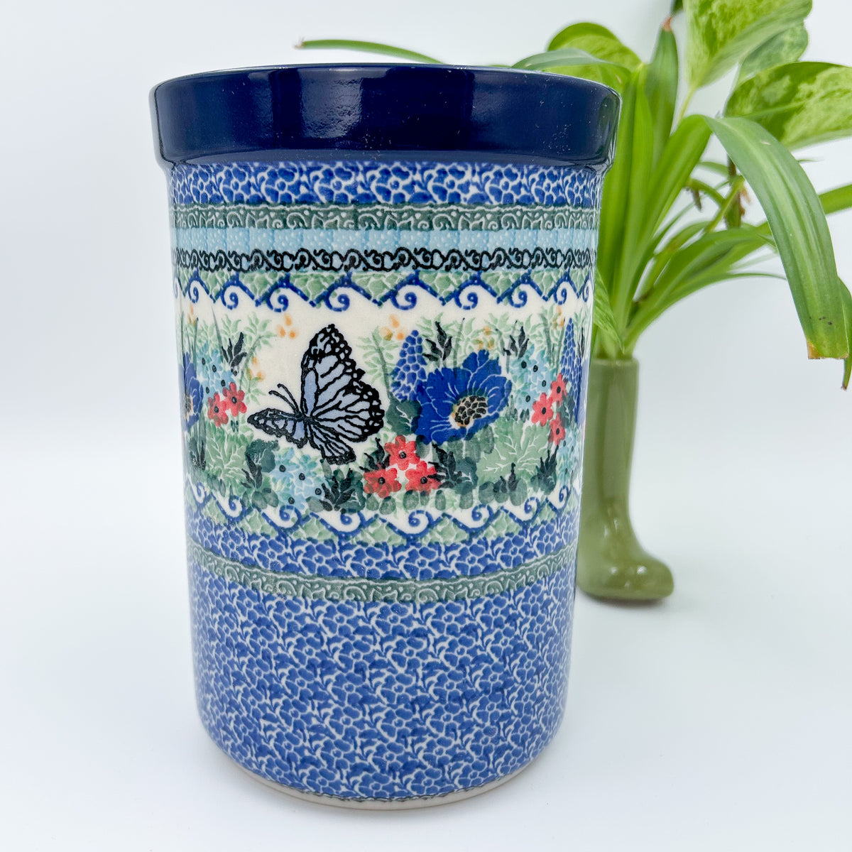 Utensil Jar 8”.  Handmade Polish pottery.  UNIKAT Mariposa Design