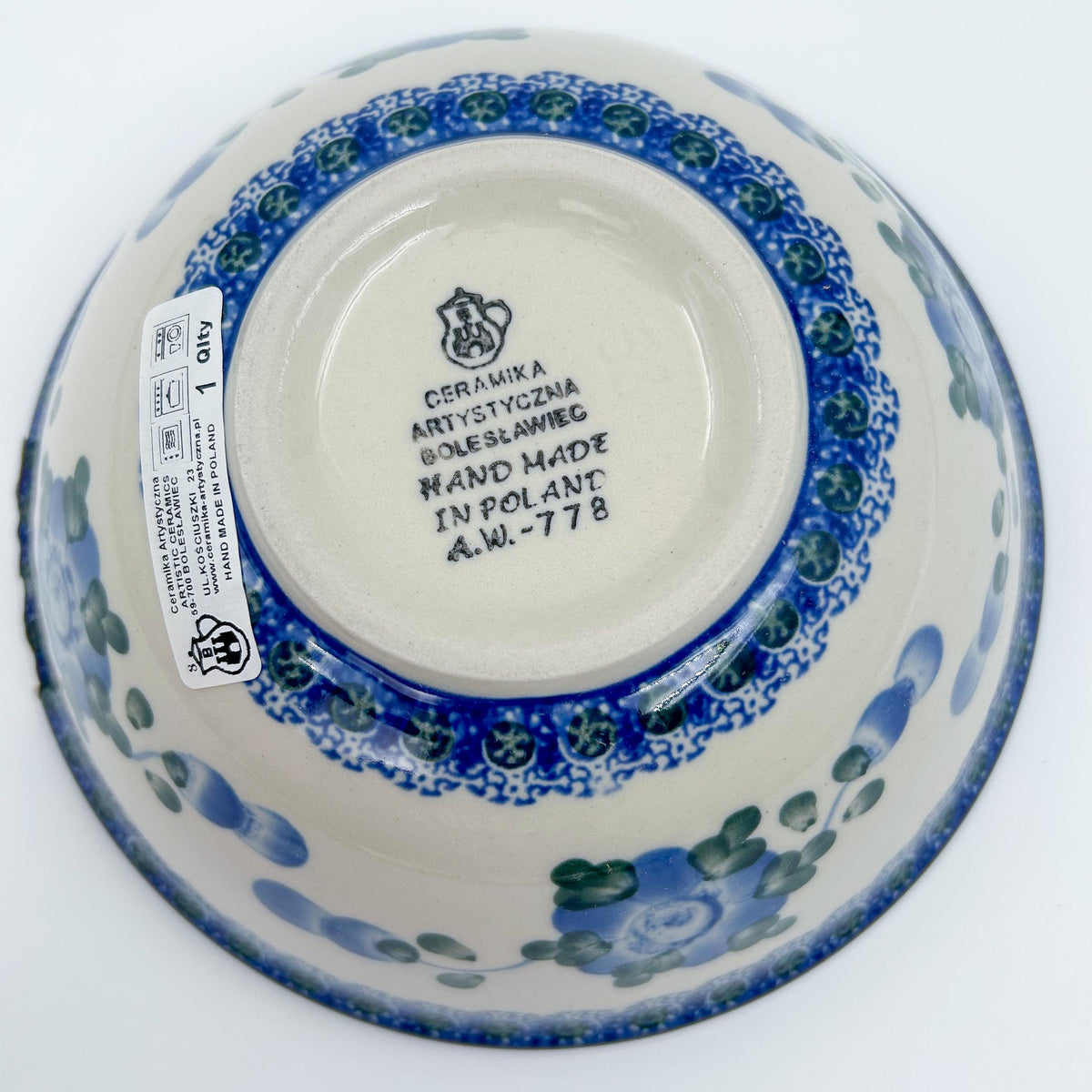 Bottom of Blue Poppies stacking bowl showing Ceramika Artystyczna Bolesławiec stamp